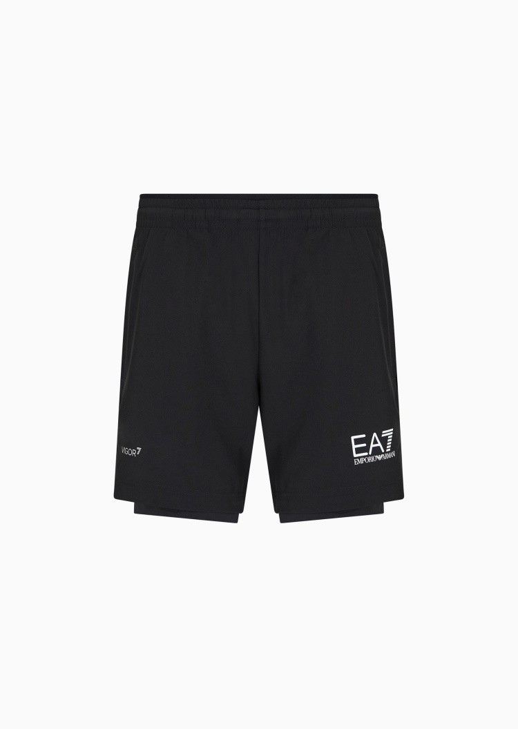 EA7 男士弹力合身松紧腰假两件跑步短裤