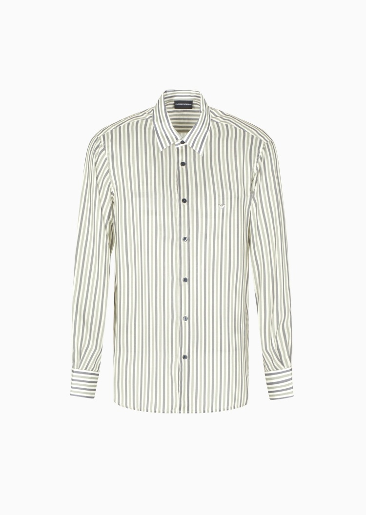 Emporio Armani 男士莱赛尔长袖翻领竖条纹休闲衬衫