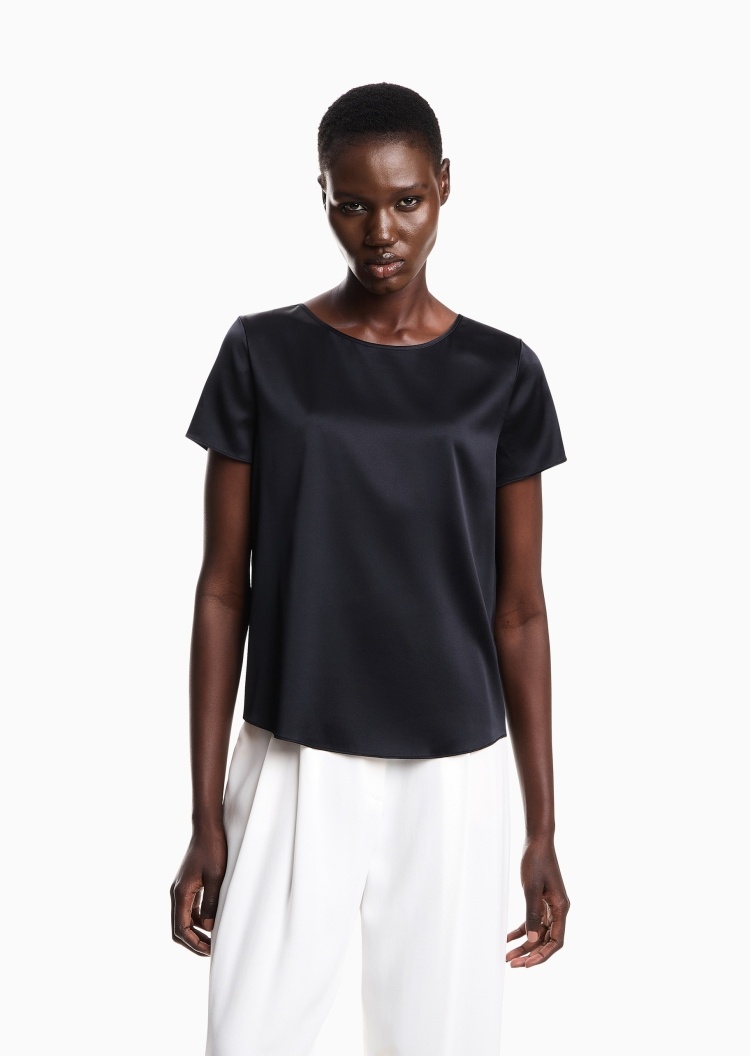 Emporio Armani 女士桑蚕丝合身短袖圆领纯色上衣