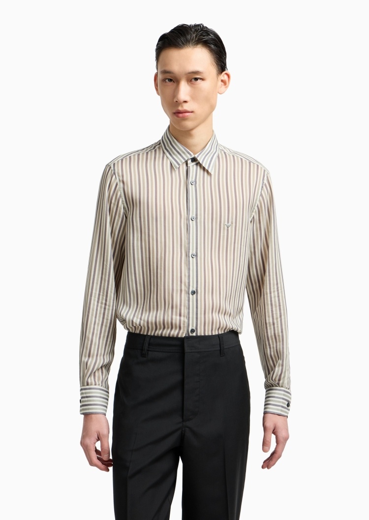 Emporio Armani 男士莱赛尔长袖翻领竖条纹休闲衬衫
