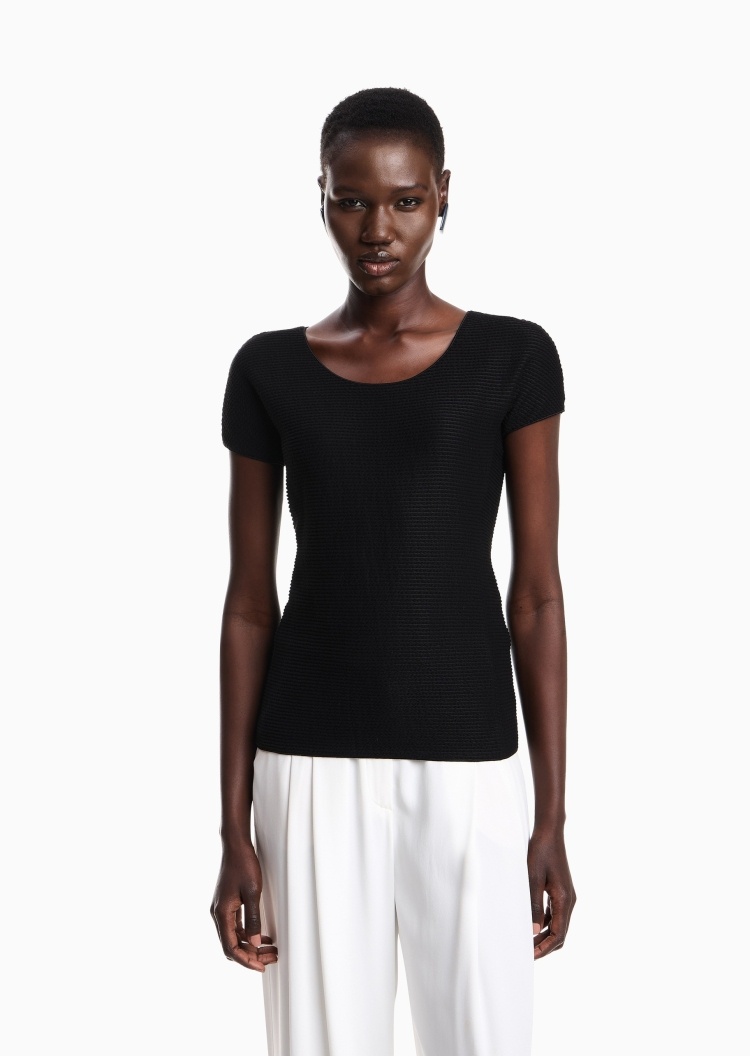 Emporio Armani 女士棉质微弹修身短袖圆领纯色压花T恤