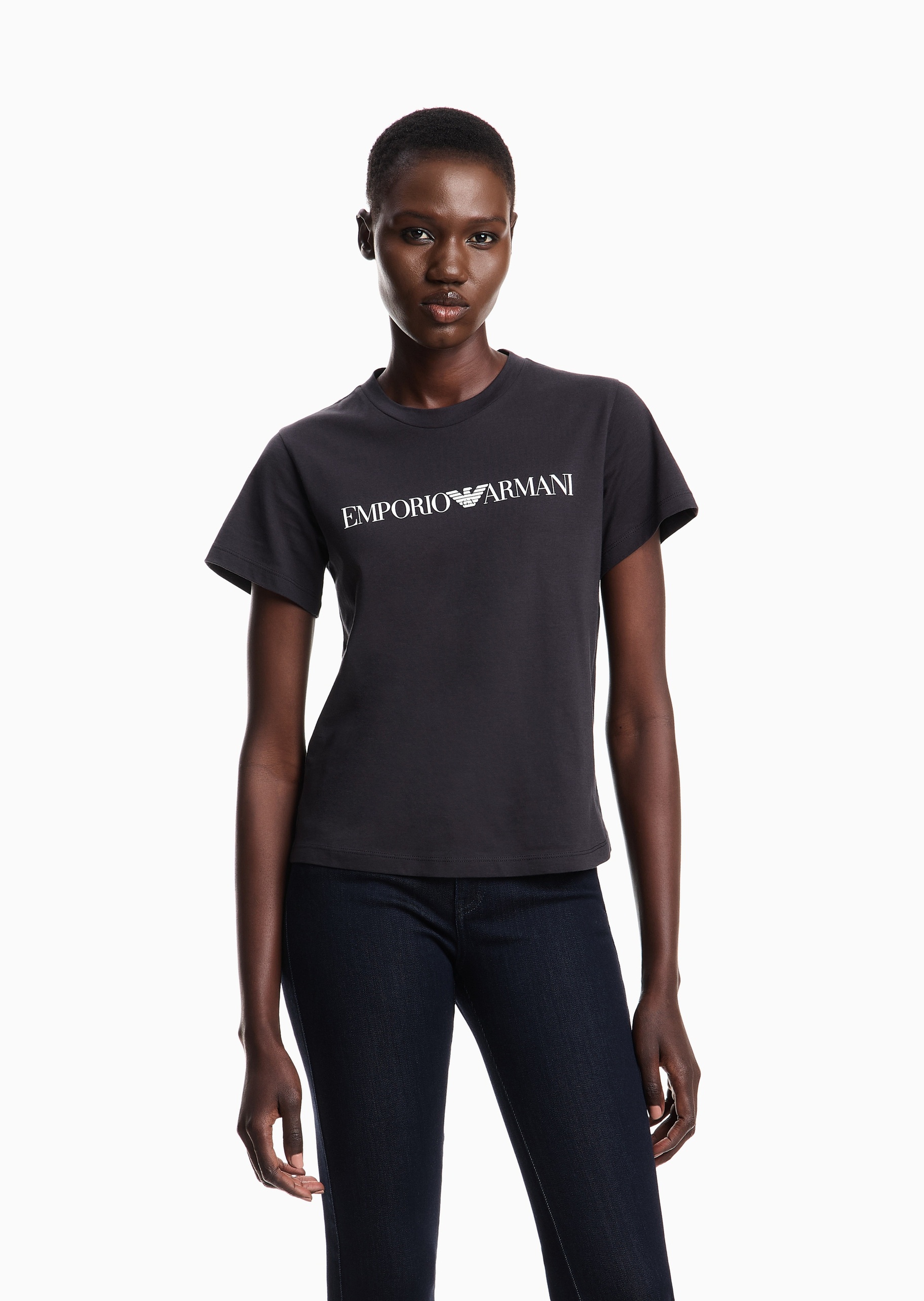 Emporio Armani 女士全棉合身短袖圆领鹰标印花T恤