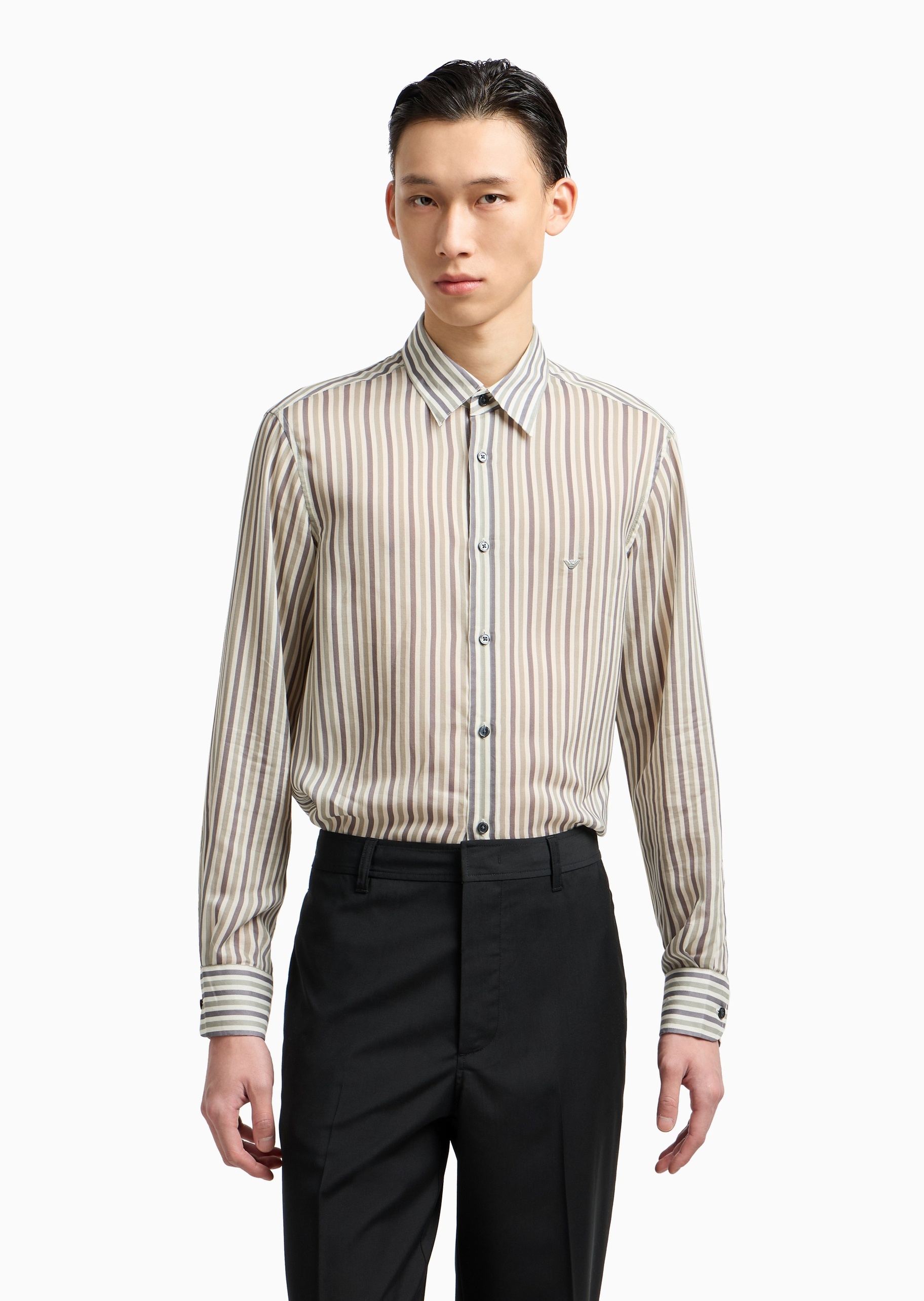 Emporio Armani 男士莱赛尔长袖翻领竖条纹休闲衬衫