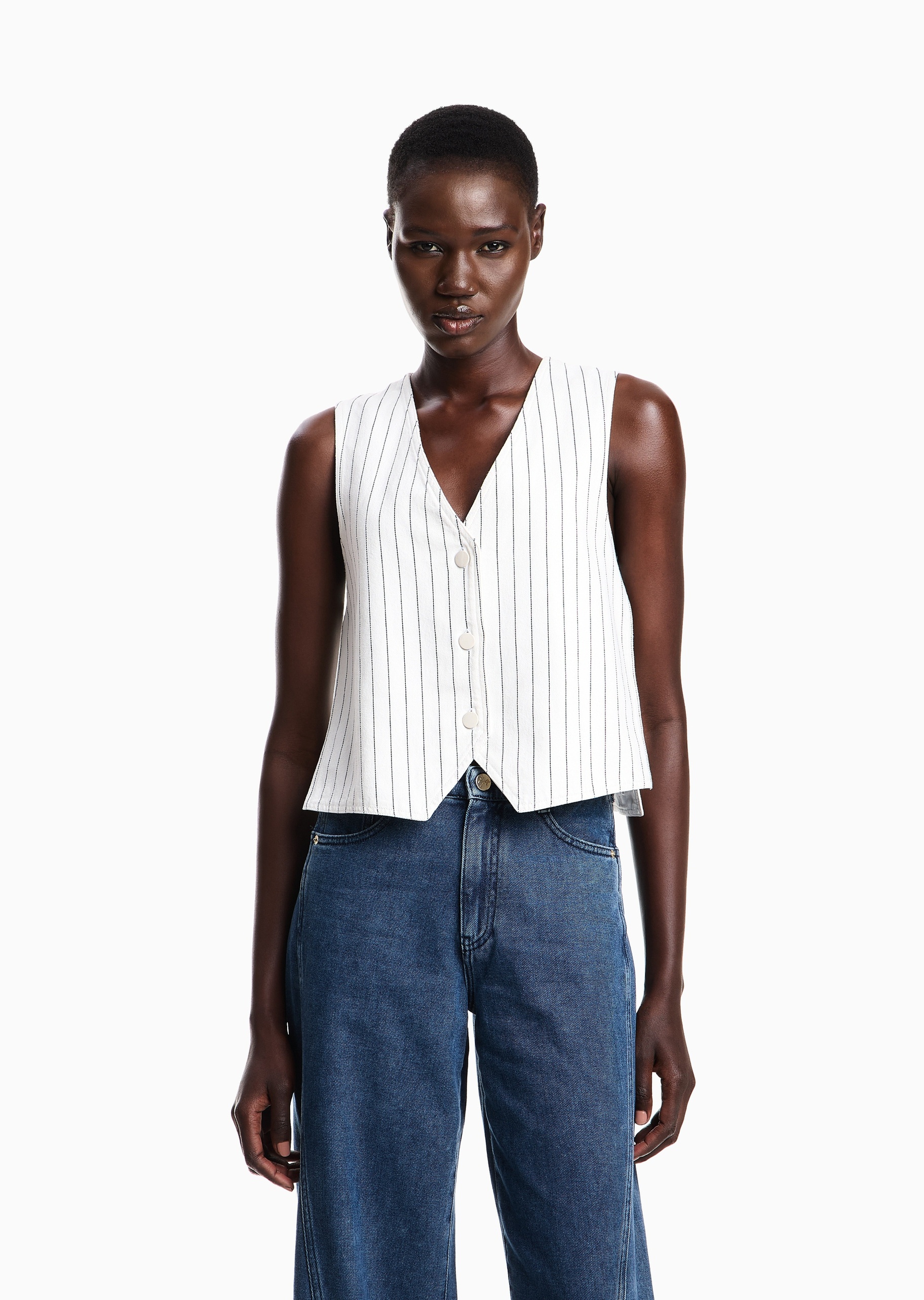 Emporio Armani 女士全棉无袖V领单排扣细条纹背心