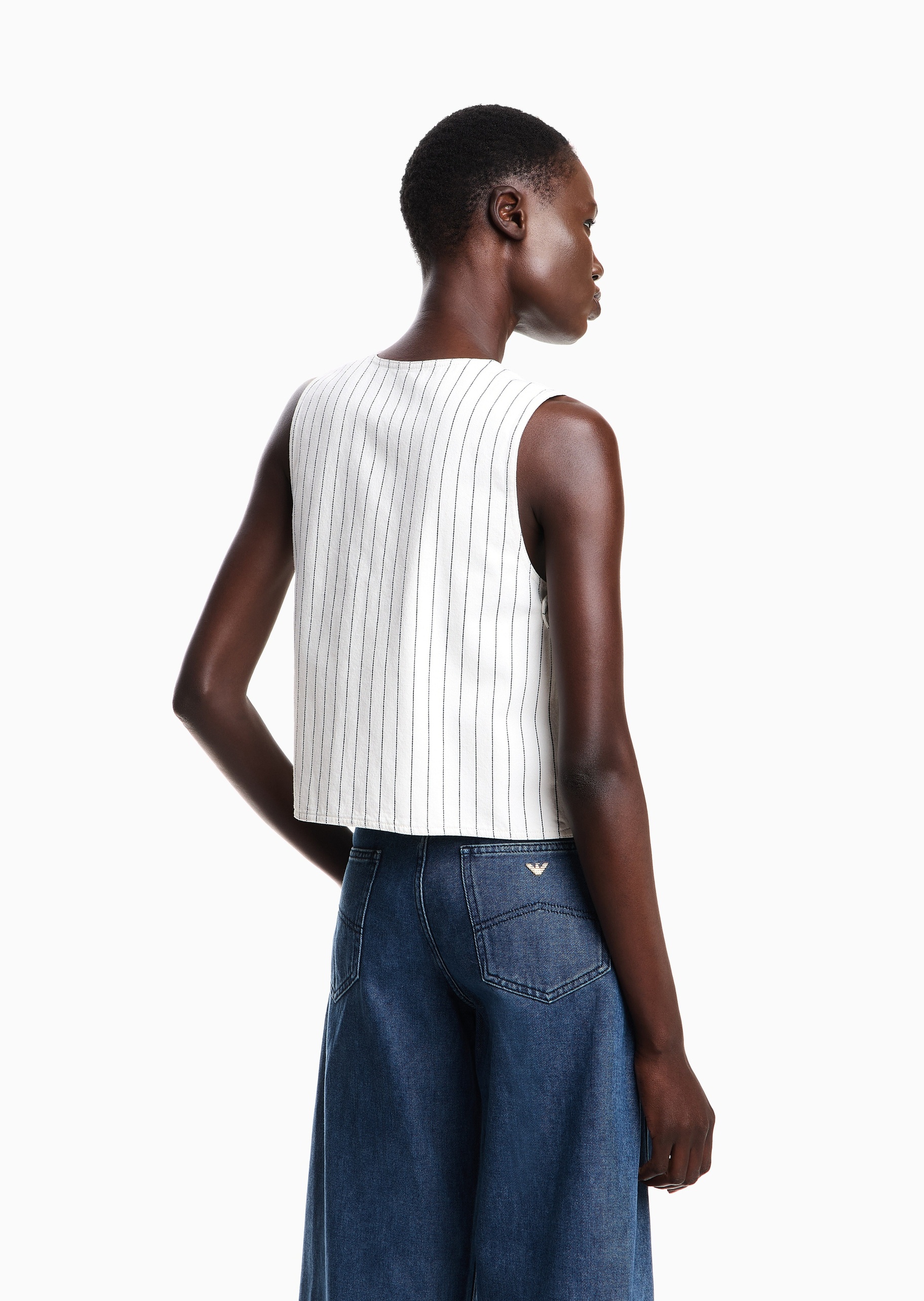 Emporio Armani 女士全棉无袖V领单排扣细条纹背心