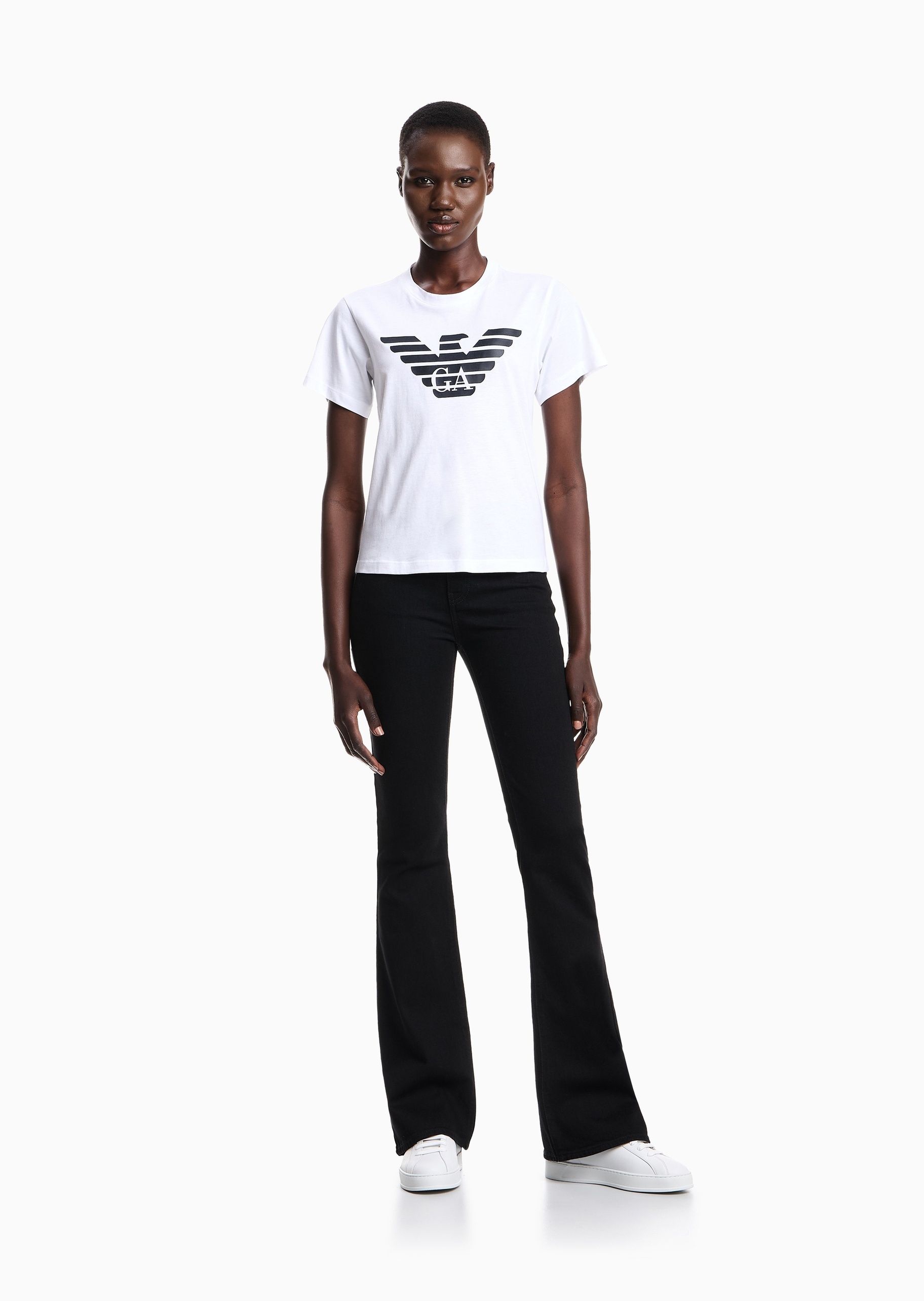 Emporio Armani 女士纯棉微弹修身中高腰长款喇叭牛仔裤