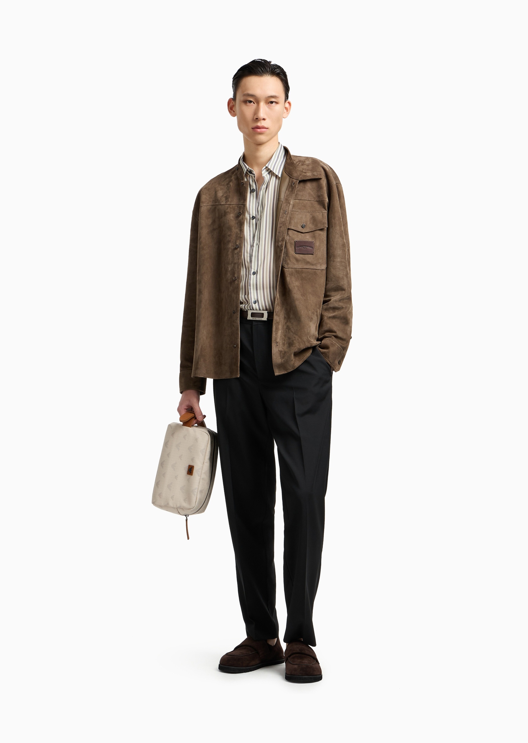 Emporio Armani 男士莱赛尔长袖翻领竖条纹休闲衬衫