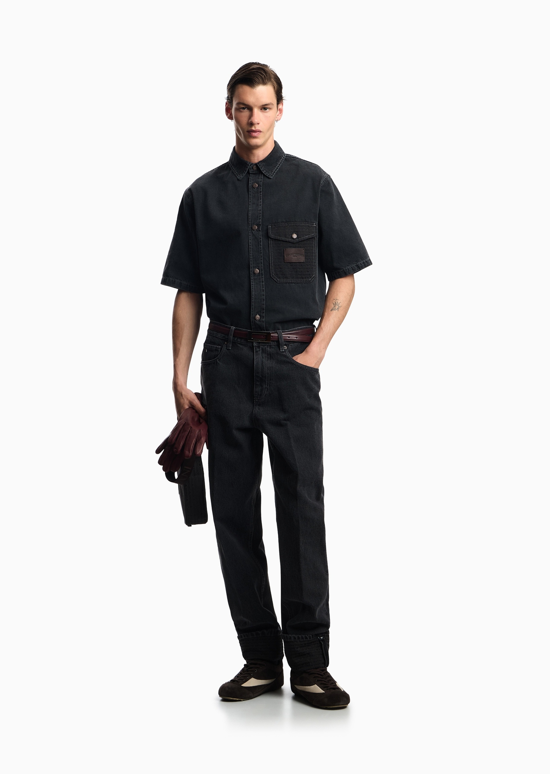 Emporio Armani 男士宽松短袖翻领复古廓形牛仔衬衫