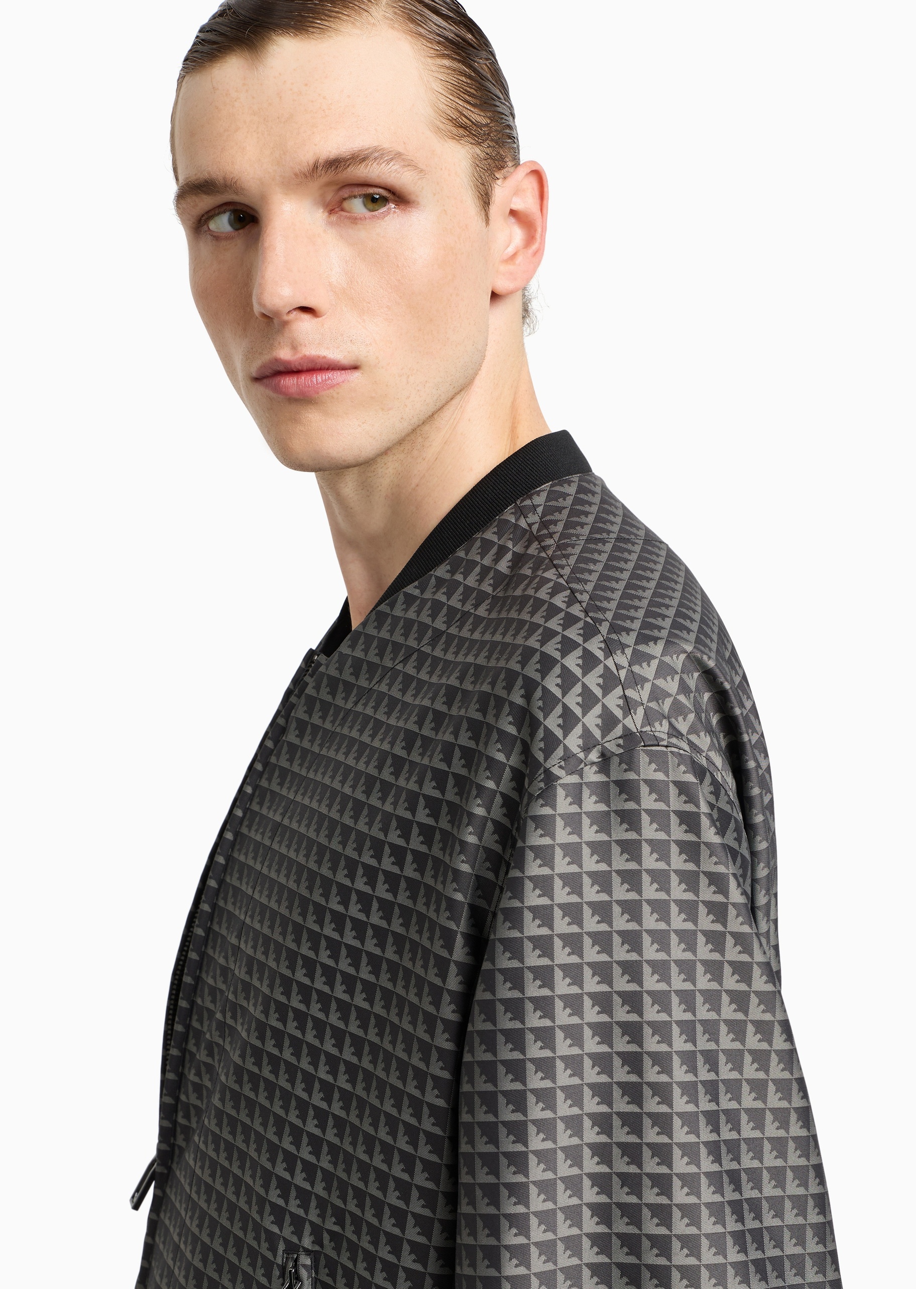 Emporio Armani 男士长袖棒球领全拉链满印飞行员夹克