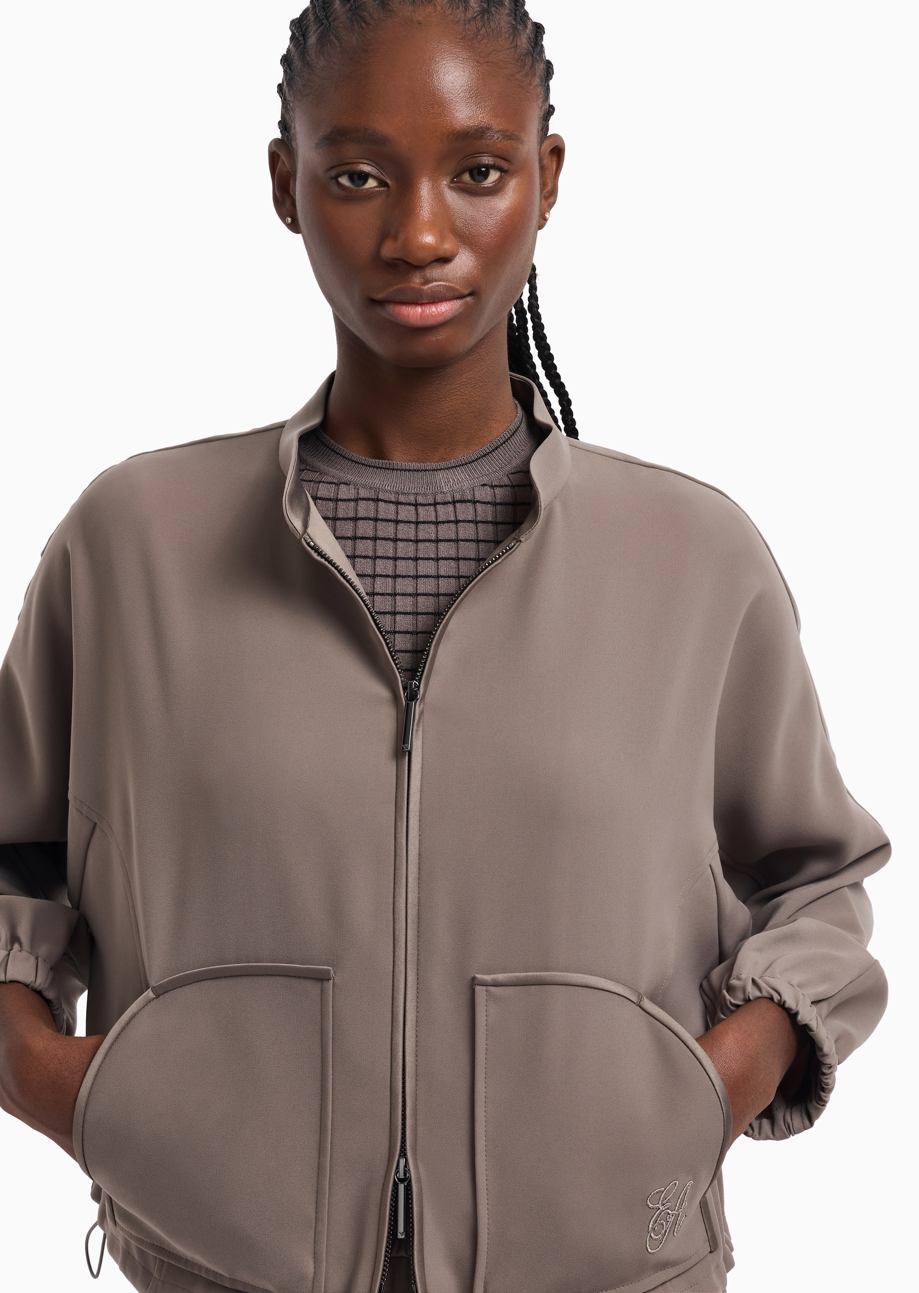 Emporio Armani 女士短款小立领全拉链标识刺绣夹克