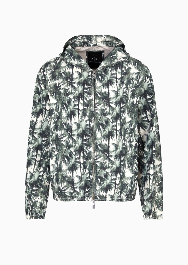 ARMANI EXCHANGE 男士合身长袖连帽拉链椰树印花夹克