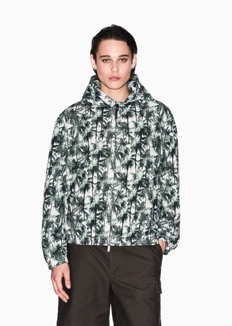 ARMANI EXCHANGE 男士合身长袖连帽拉链椰树印花夹克