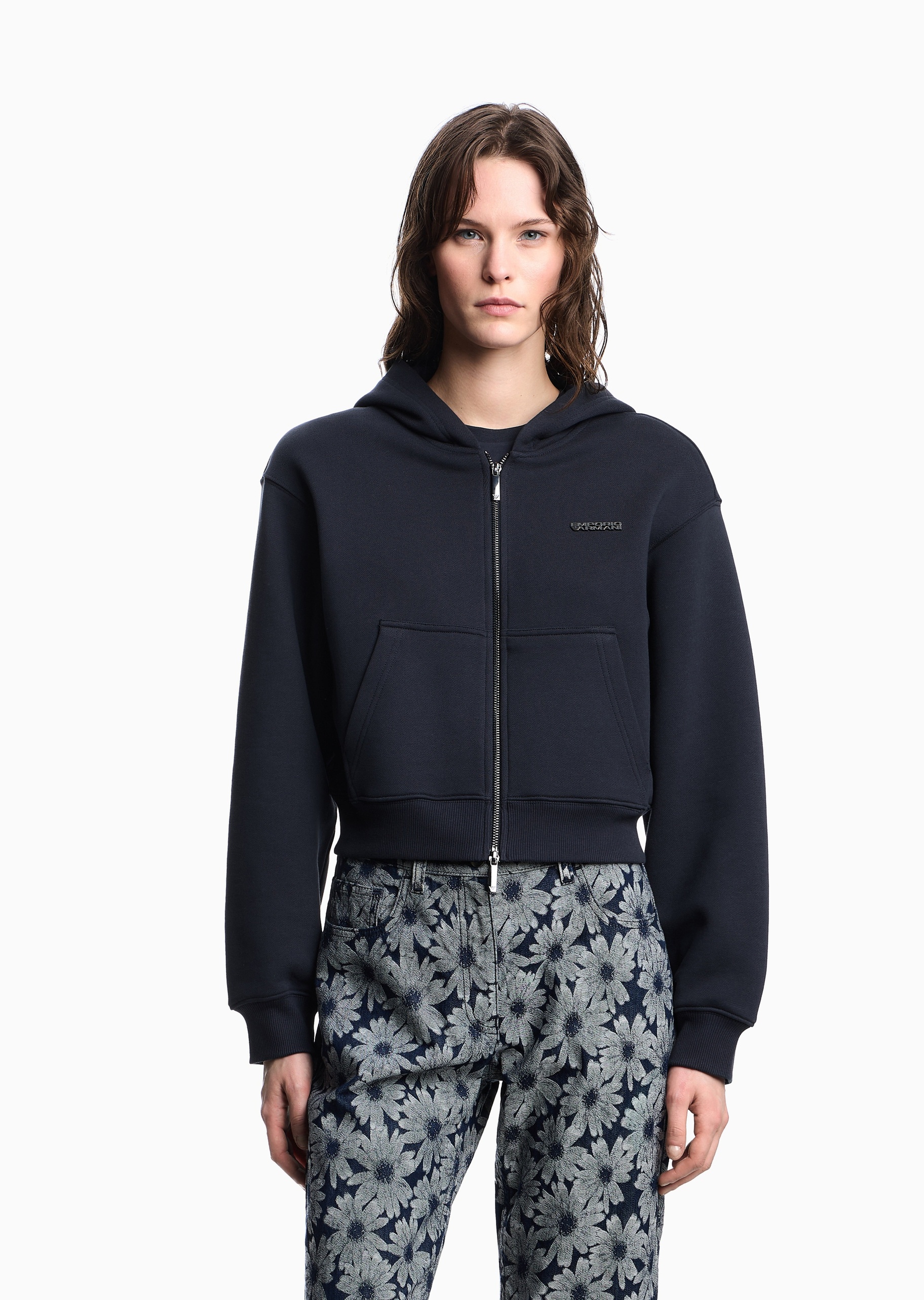 Emporio Armani 女士全棉合身短款连帽开衫卫衣外套