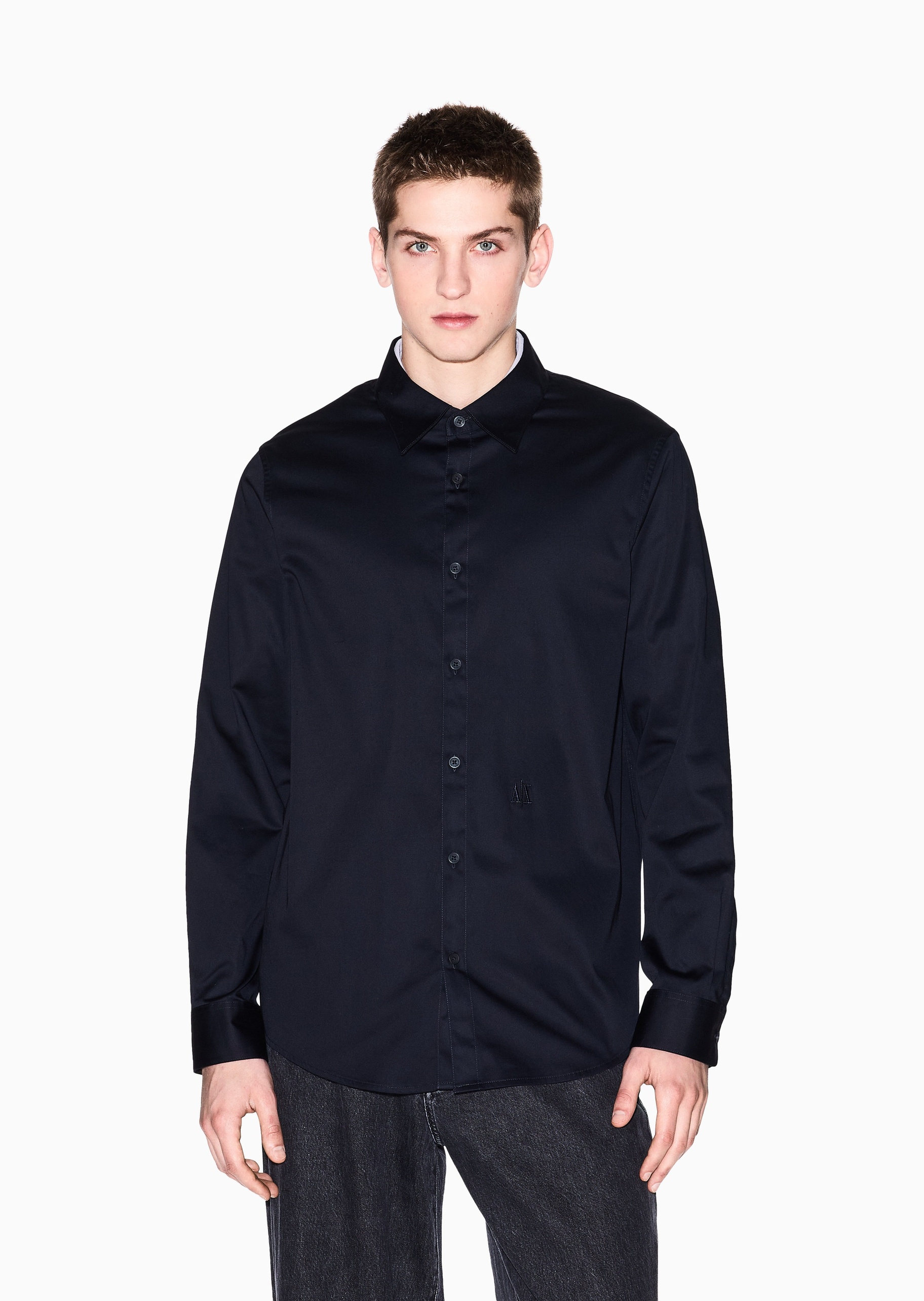 ARMANI EXCHANGE 男士纯棉微弹合身长袖翻领经典纯色衬衫