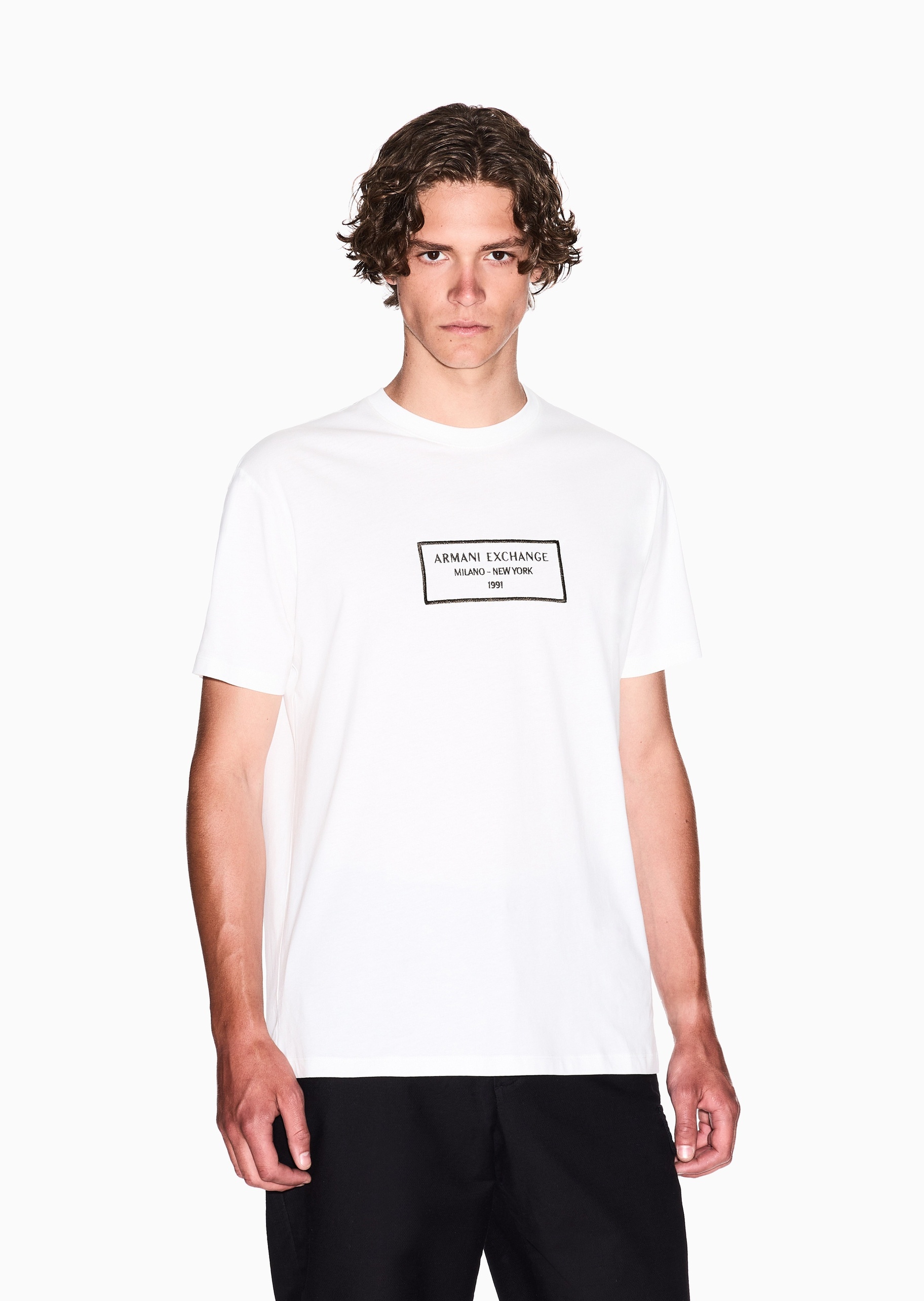 ARMANI EXCHANGE 男士全棉合身短袖圆领正肩标识刺绣T恤