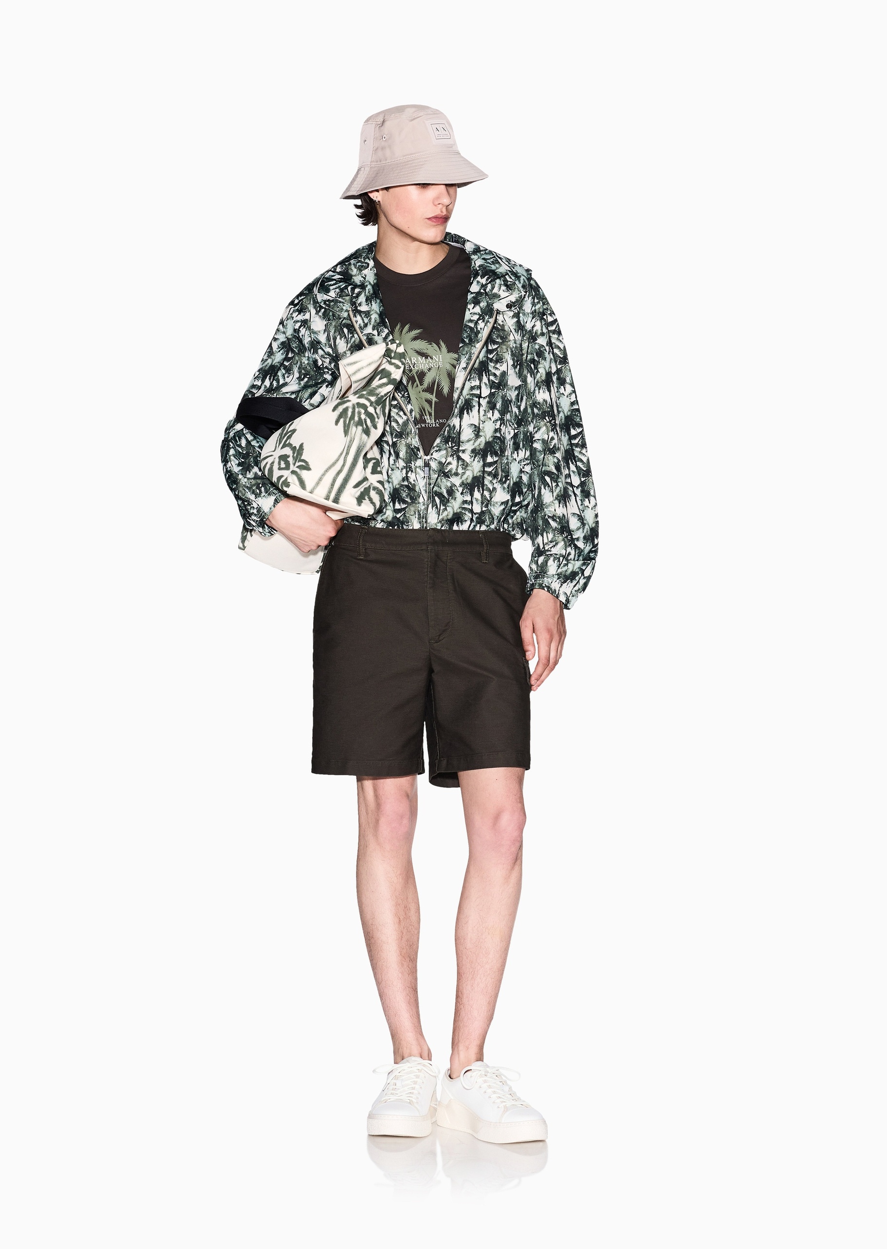 ARMANI EXCHANGE 男士合身长袖连帽拉链椰树印花夹克