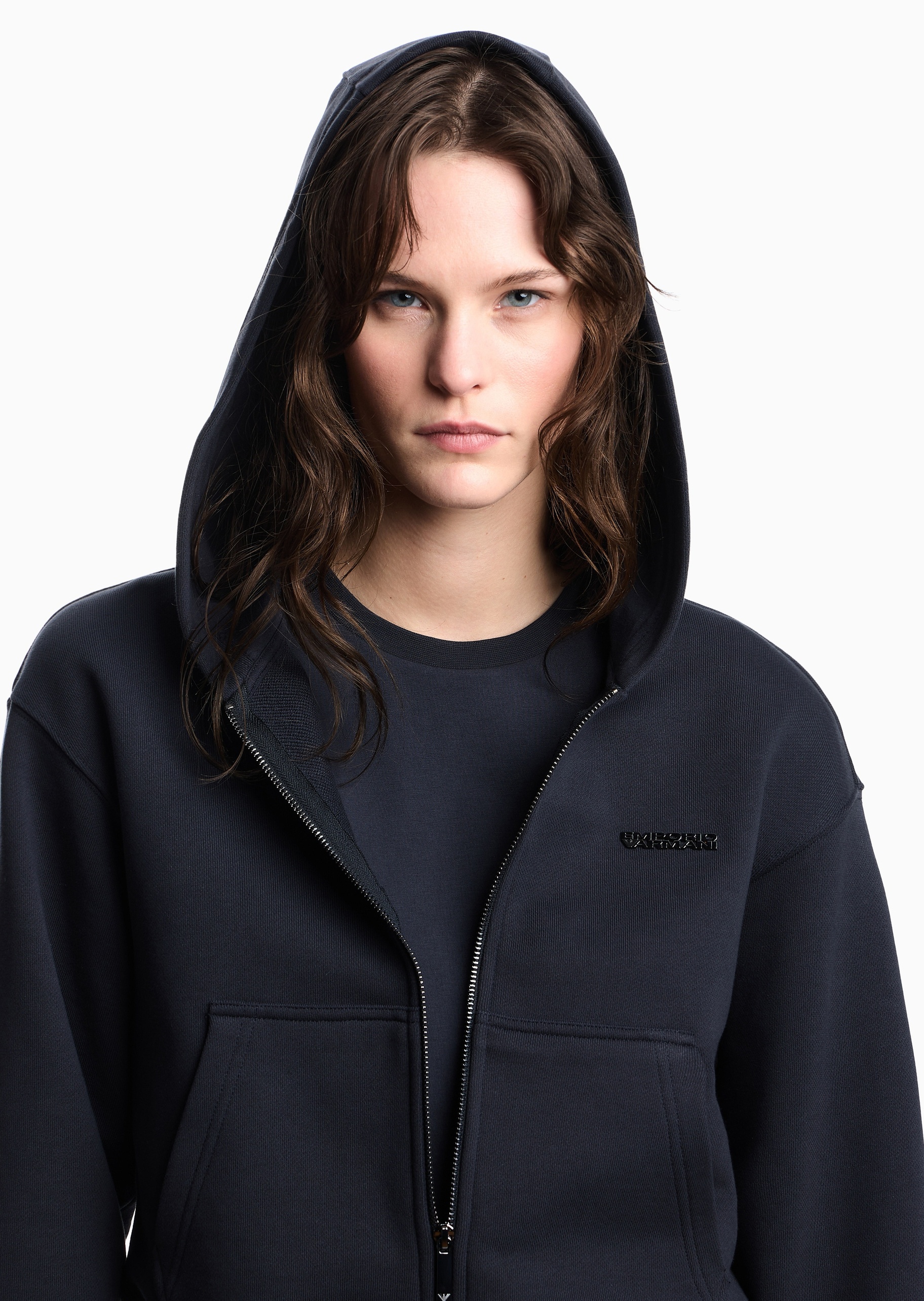 Emporio Armani 女士全棉合身短款连帽开衫卫衣外套