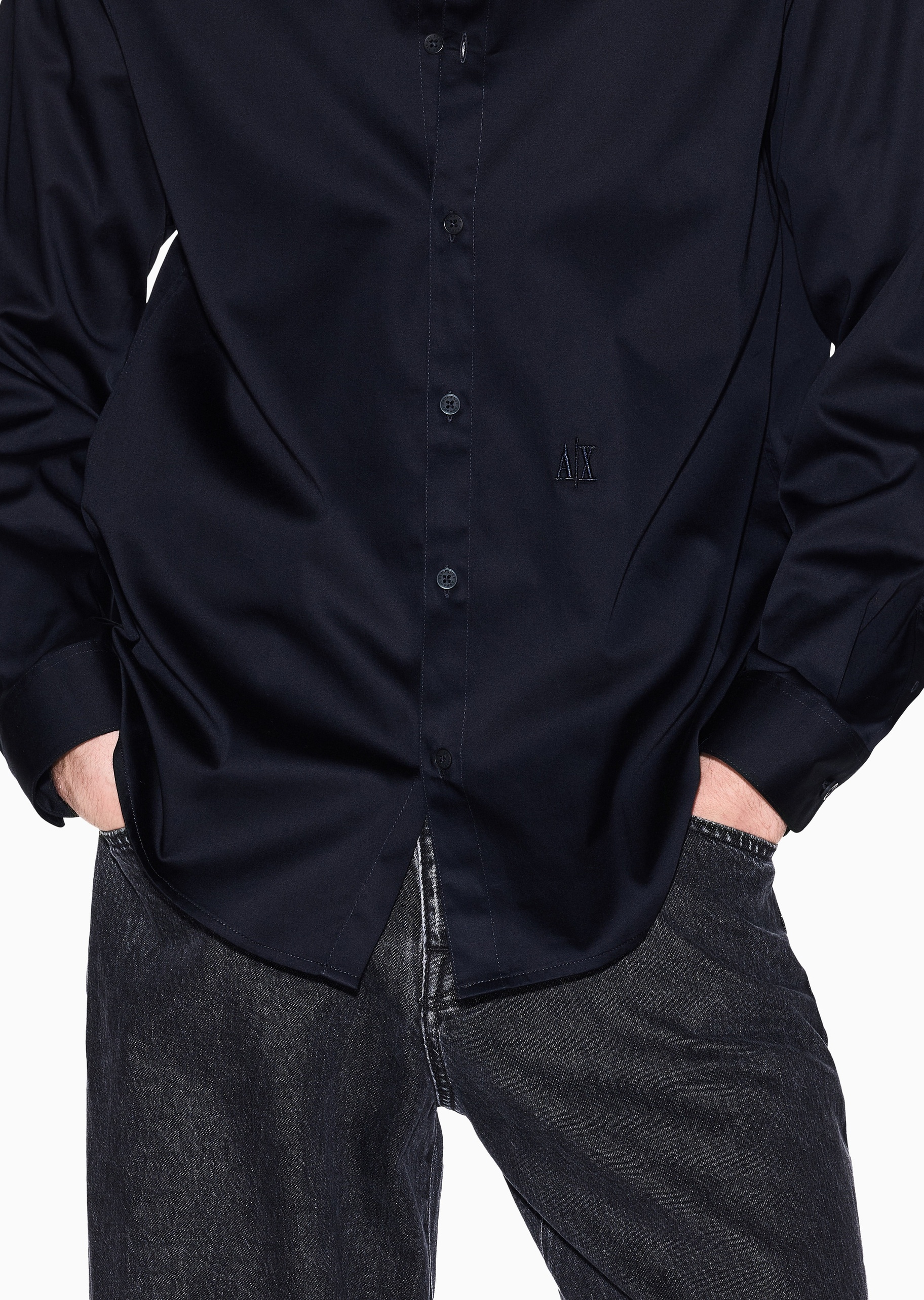 ARMANI EXCHANGE 男士纯棉微弹合身长袖翻领经典纯色衬衫