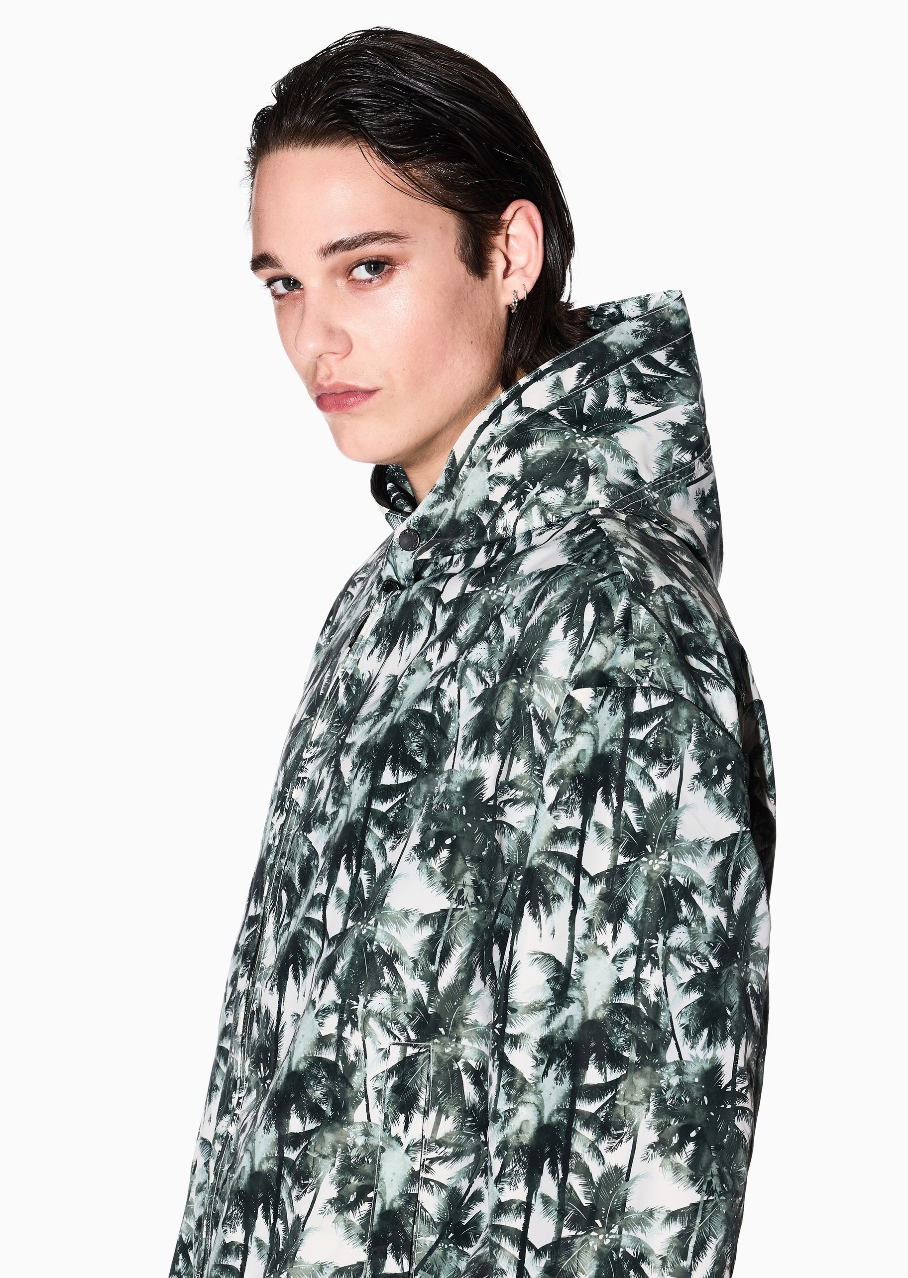 ARMANI EXCHANGE 男士合身长袖连帽拉链椰树印花夹克