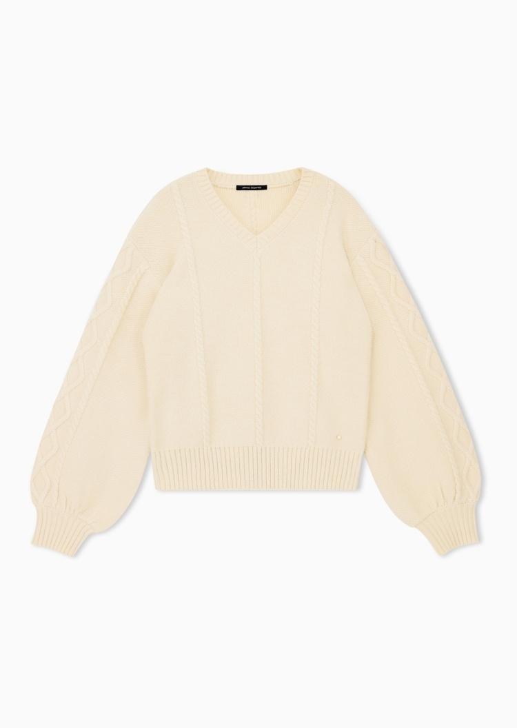ARMANI EXCHANGE 女士羊毛混纺V领绞花学院风套头针织毛衣