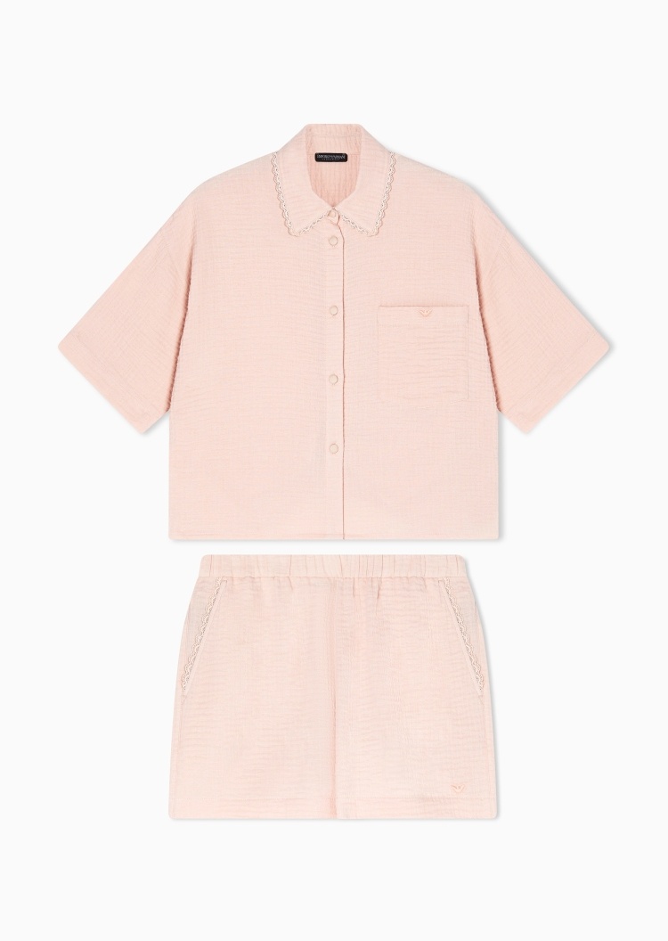 Emporio Armani 女士泡泡纱翻领中袖衬衫短裤家居睡衣套装