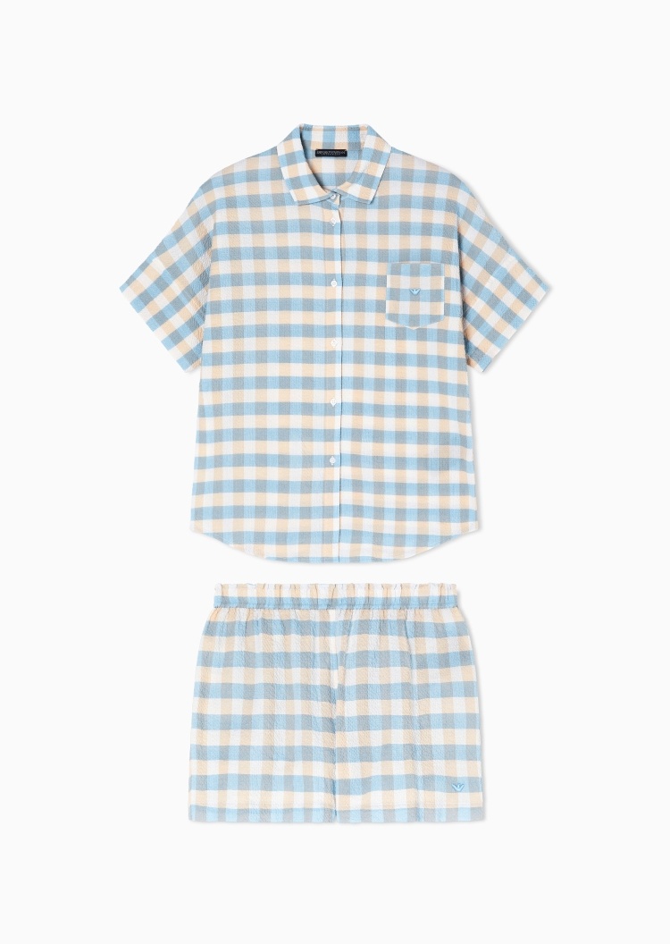 Emporio Armani 女士泡泡纱翻领短袖衬衫短裤格纹睡衣套装
