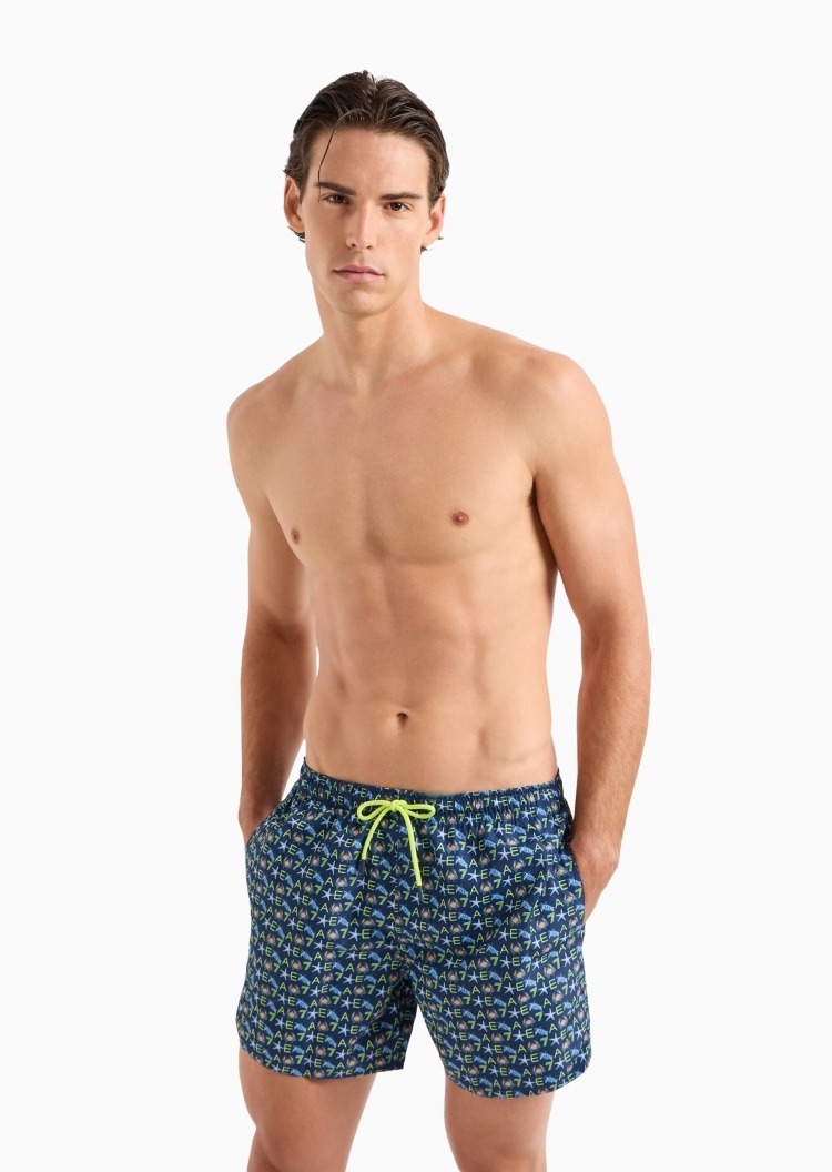 EA7 男士合身系带腰短款通体印花游泳沙滩裤