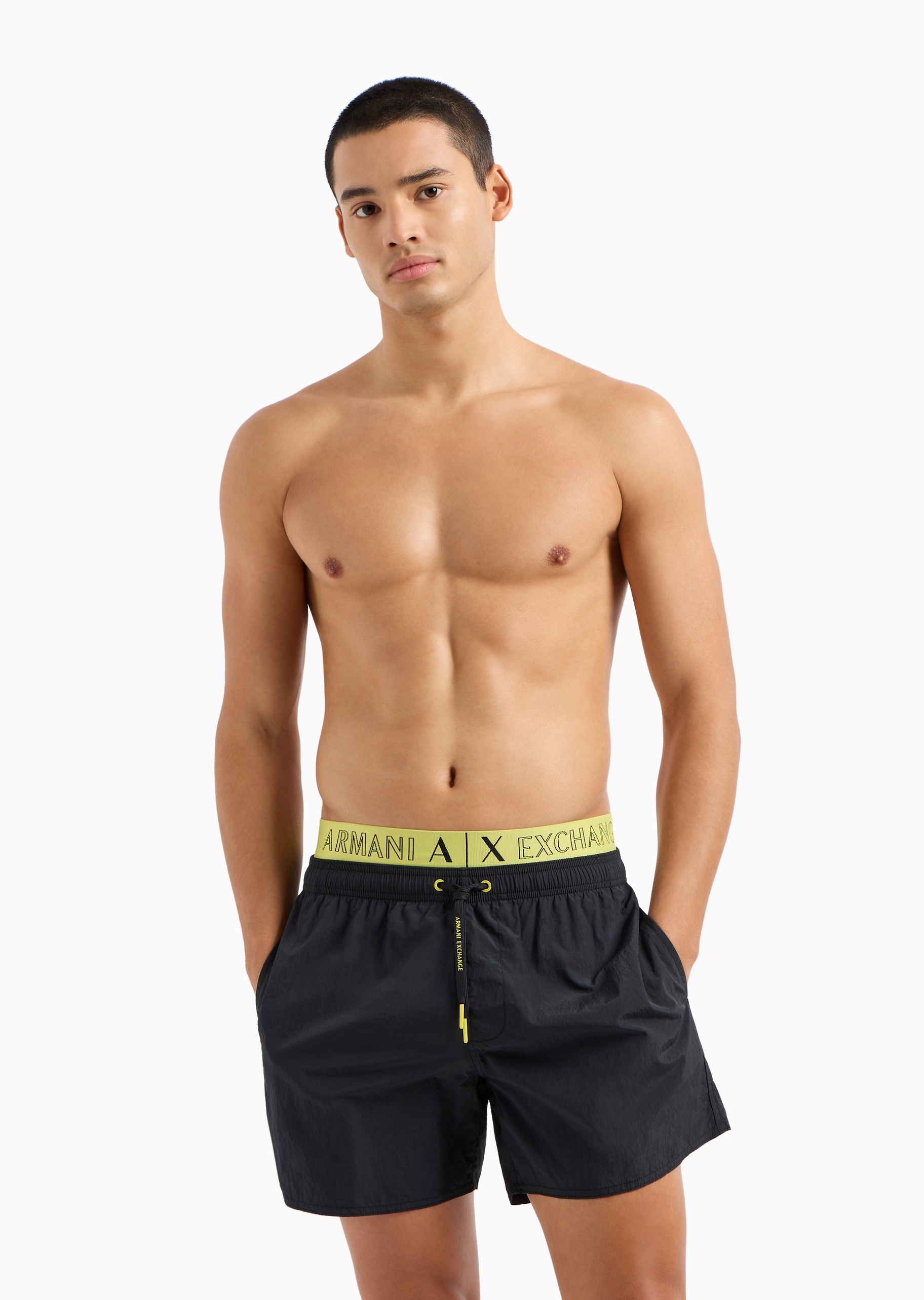 ARMANI EXCHANGE 男士合身系带腰短款平角撞色腰边沙滩裤