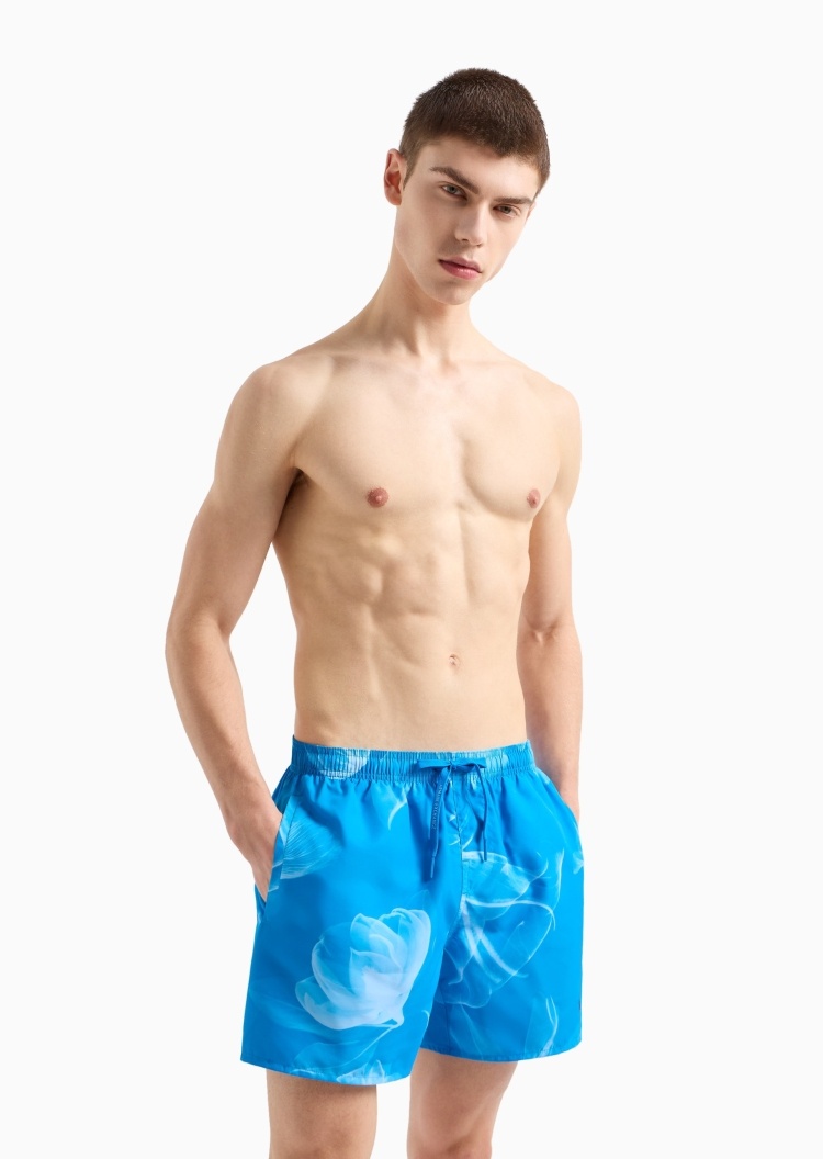 ARMANI EXCHANGE 男士合身系带腰短款撞色印花沙滩裤