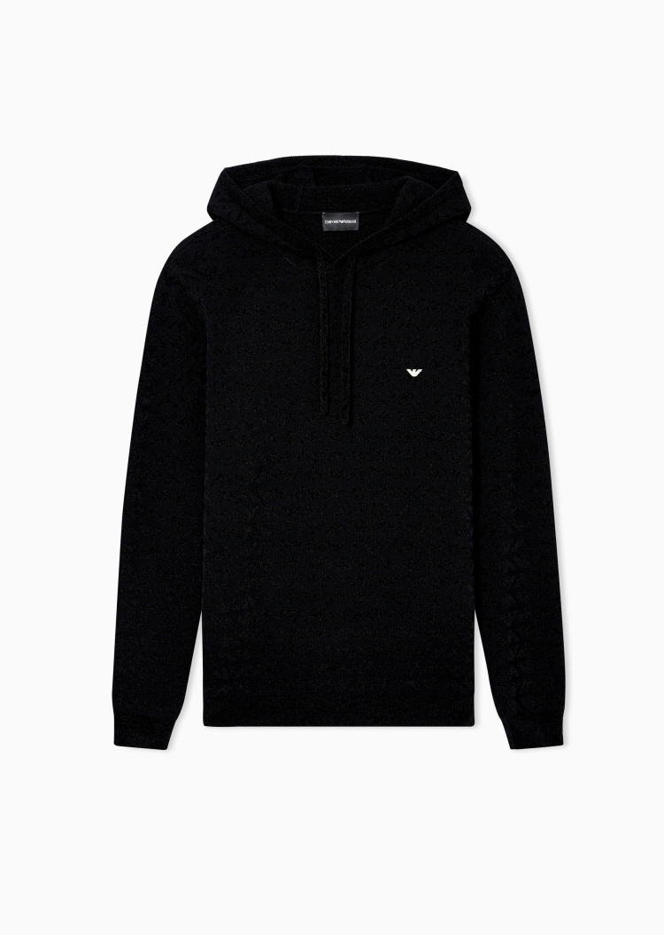 Emporio Armani 男士绵羊毛长袖连帽刺绣鹰标套头毛衣