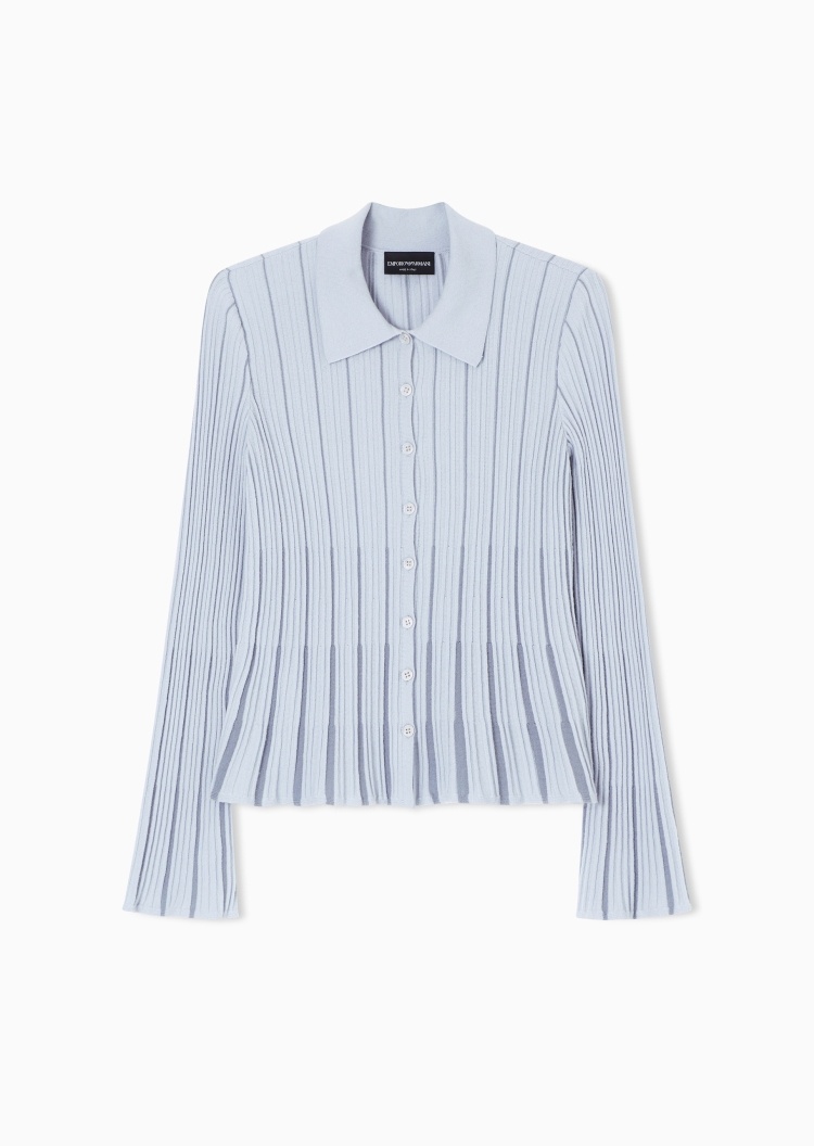 Emporio Armani 女士喇叭长袖翻领褶裥收腰纽扣针织开衫