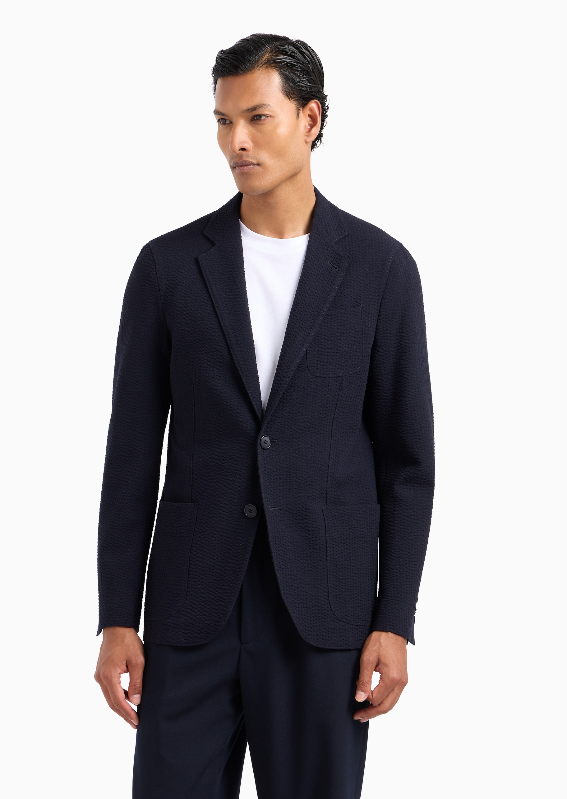 Giorgio Armani 男士绵羊毛合身长袖平驳领单排扣西装外套