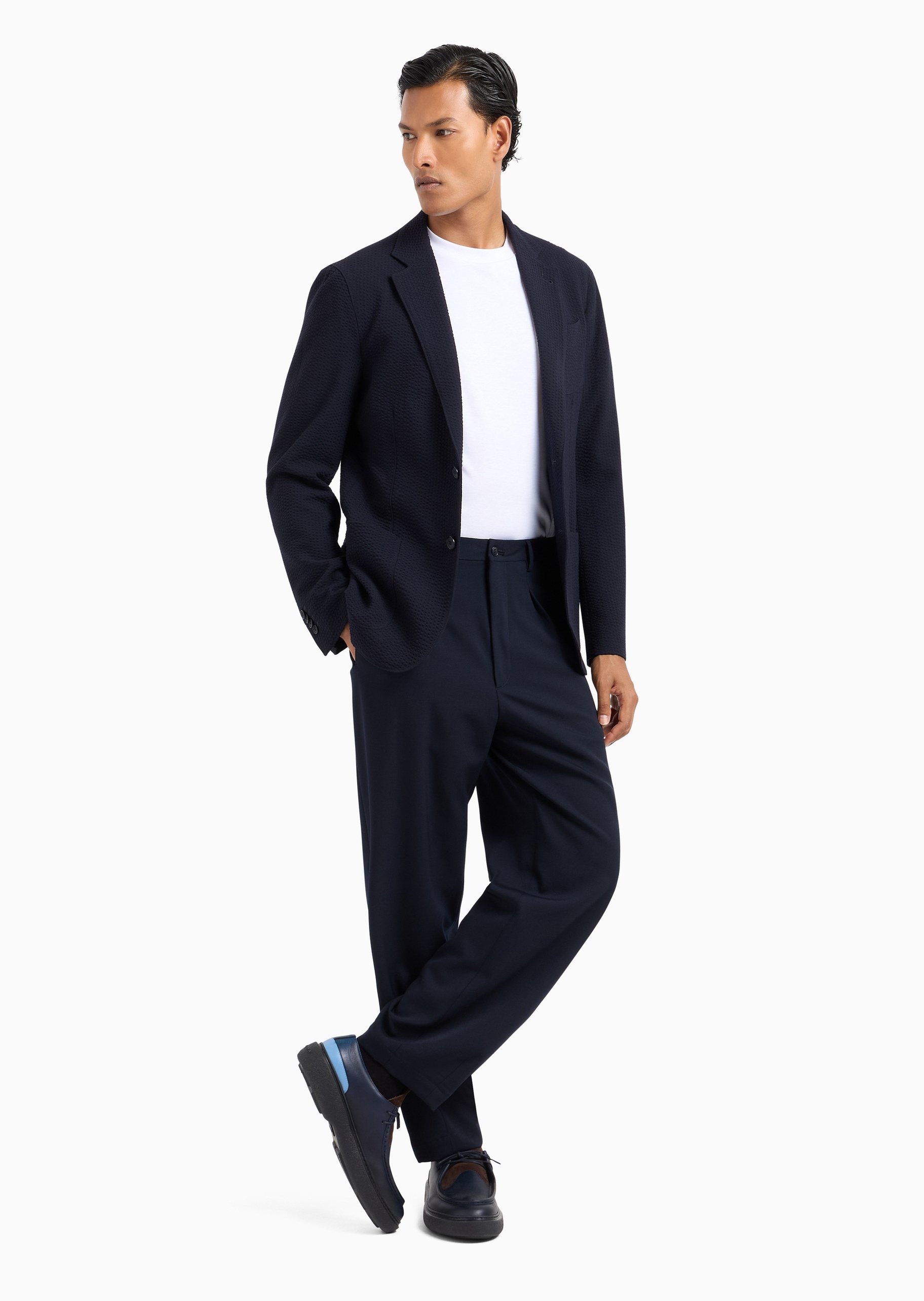 Giorgio Armani 男士绵羊毛合身长袖平驳领单排扣西装外套