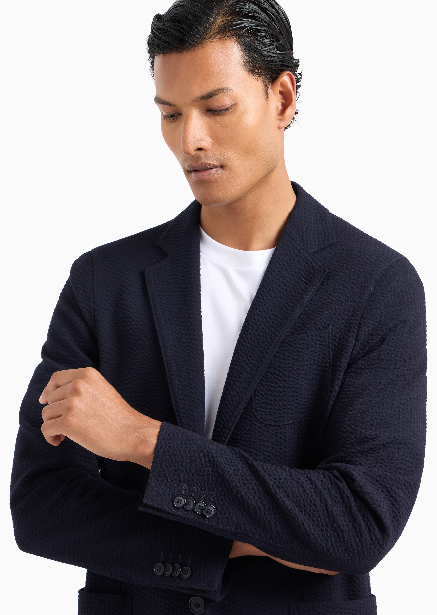 Giorgio Armani 男士绵羊毛合身长袖平驳领单排扣西装外套