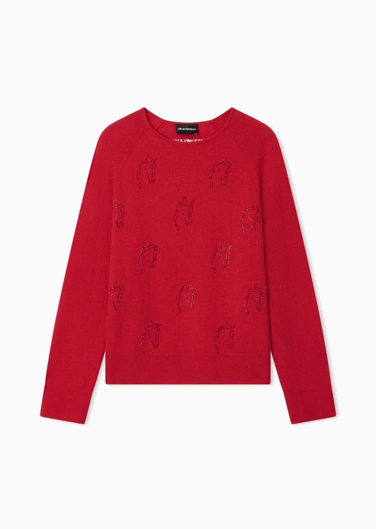 Emporio Armani 马年限定女士长袖圆领插肩水钻毛衣