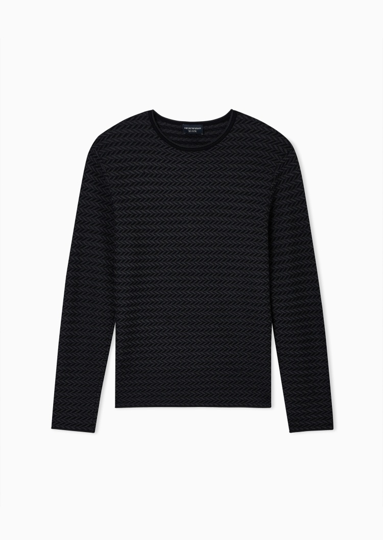 Emporio Armani 男士全绵羊毛长袖圆领人字纹套头毛衣