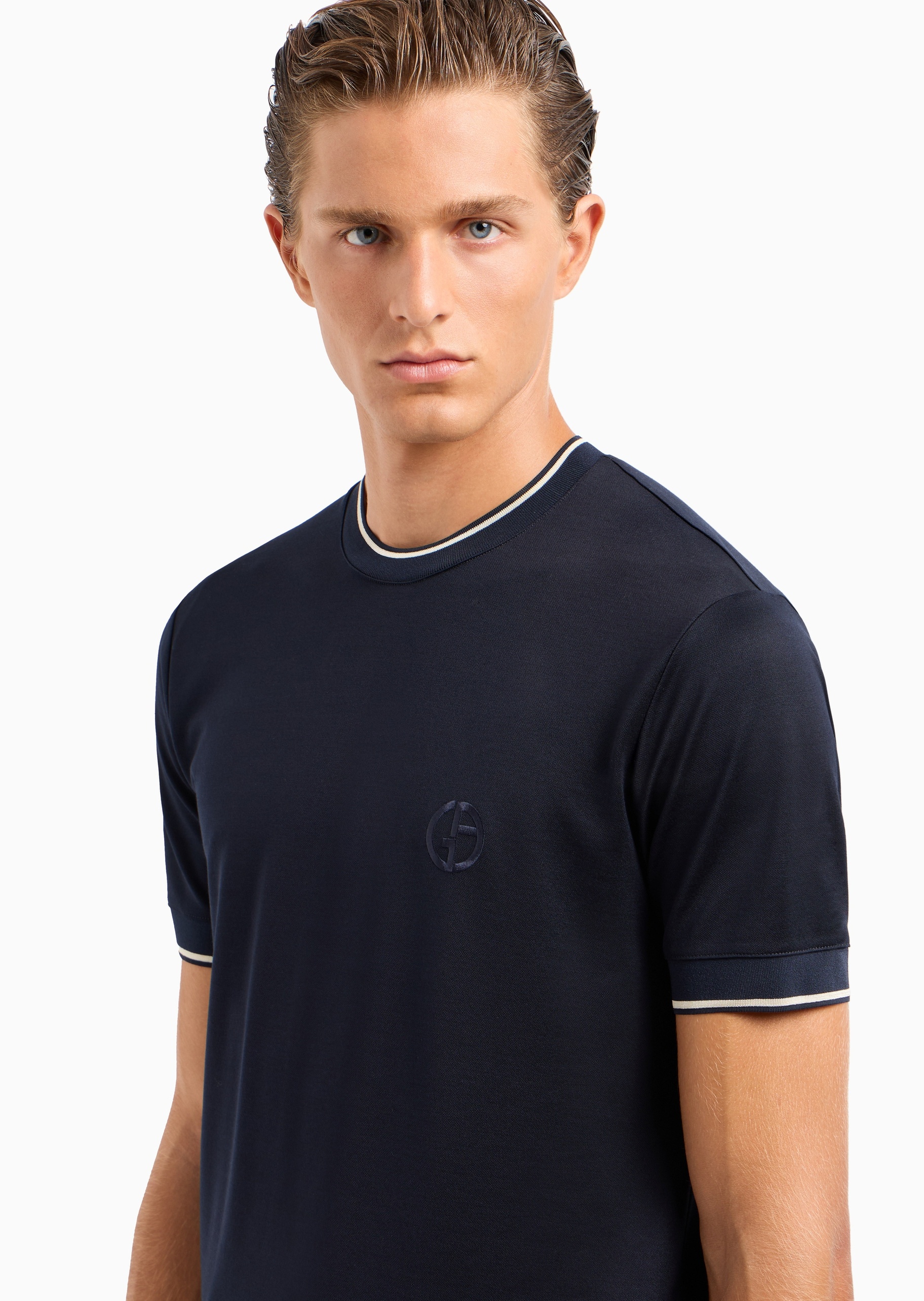 Giorgio Armani 男士棉质合身短袖圆领饰边休闲T恤