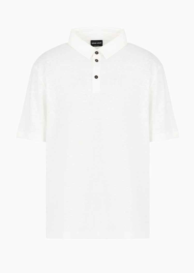 Giorgio Armani 男士亚麻合身短袖翻领优雅纯色Polo衫