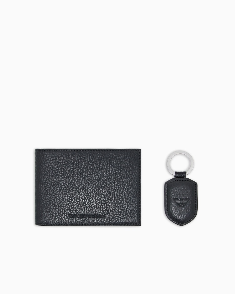 Emporio Armani 男士牛皮革荔枝纹钱包钥匙扣套装