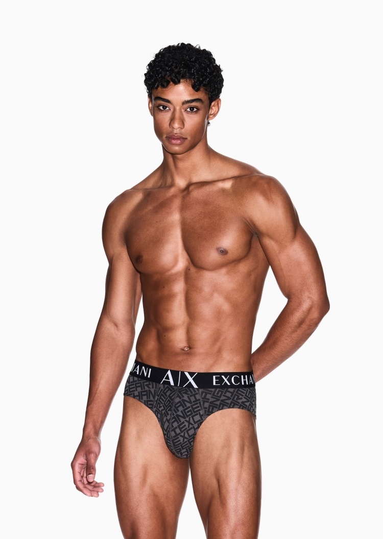 ARMANI EXCHANGE 男士纯棉弹力三角满印字母徽标内裤