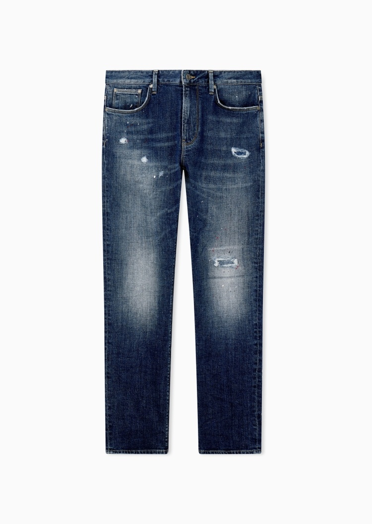 Emporio Armani 男士微弹修身低腰长款水洗牛仔裤