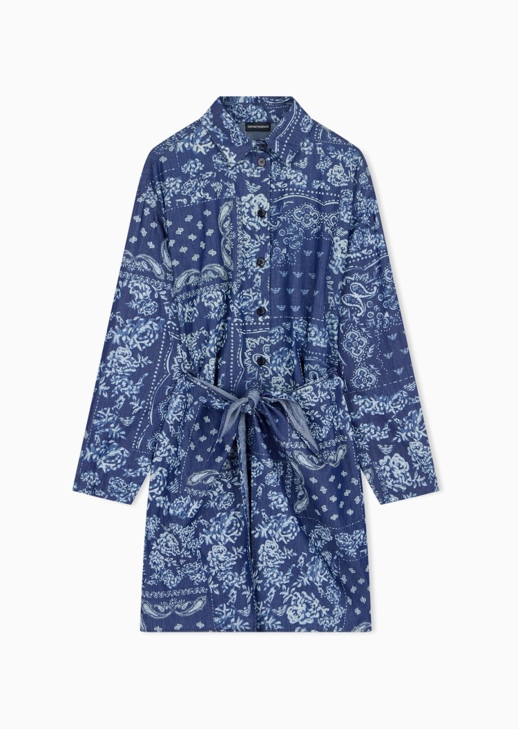 Emporio Armani 女士纯棉长袖翻领印花系带连衣裙