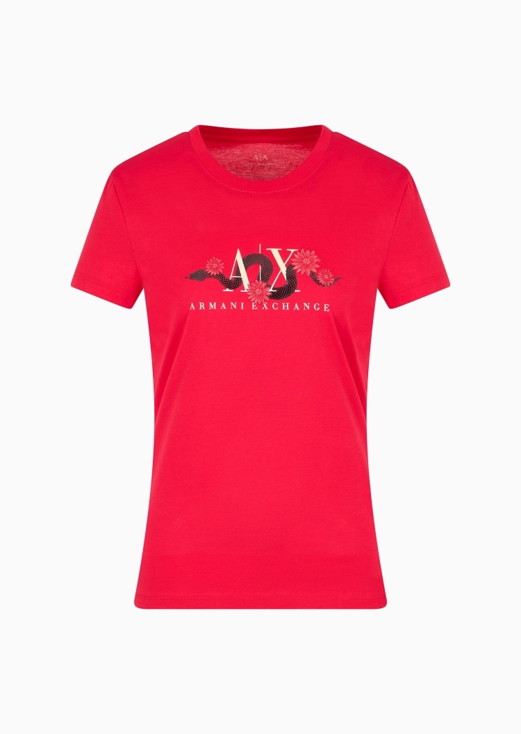 ARMANI EXCHANGE 蛇年限定女士全棉修身短袖圆领刺绣红色T恤
