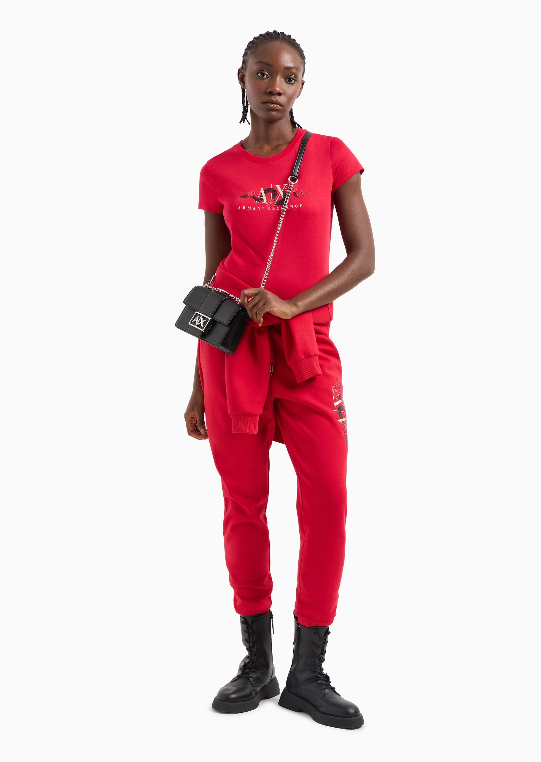 ARMANI EXCHANGE 蛇年限定女士全棉修身短袖圆领刺绣红色T恤
