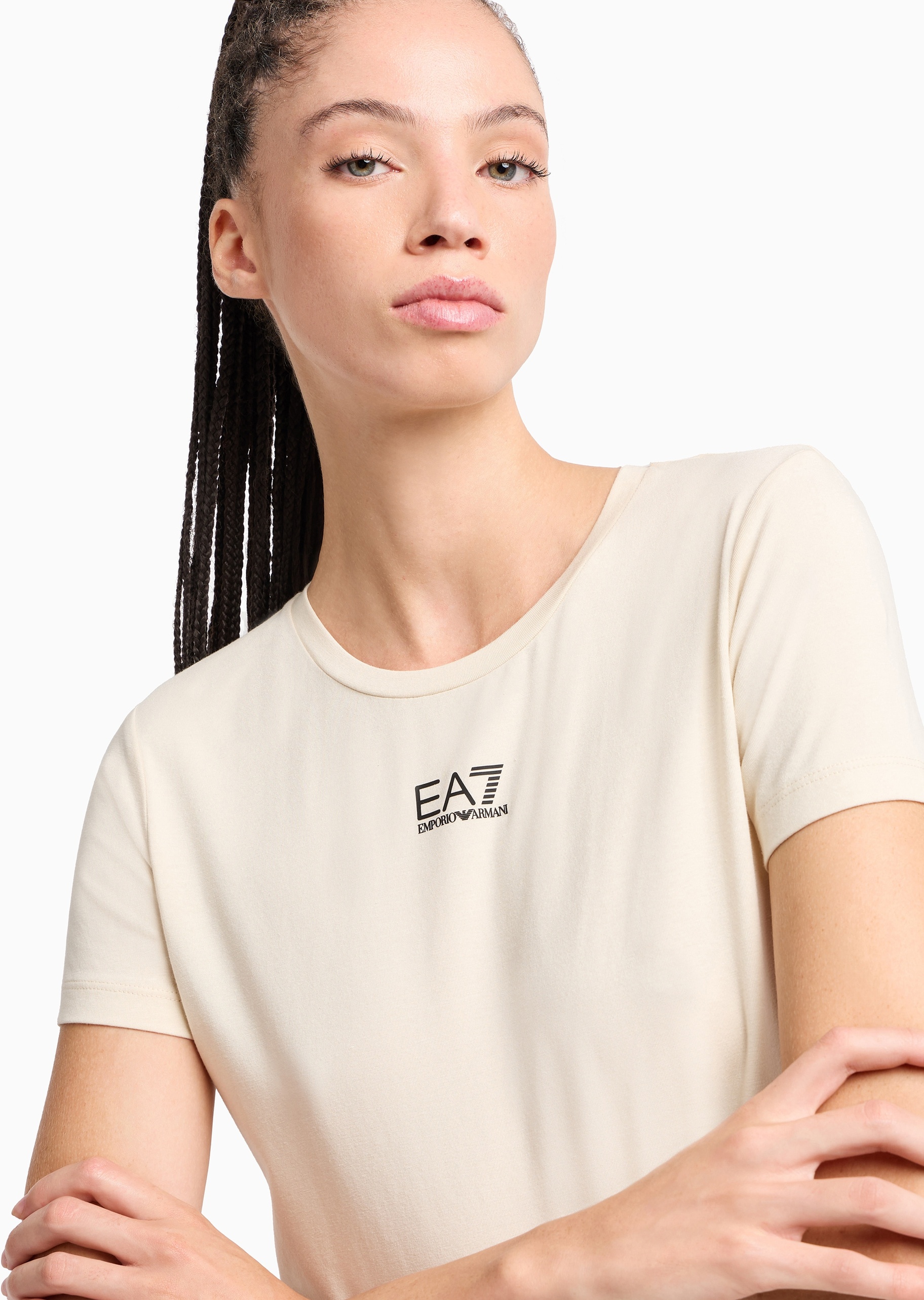 EA7 女士棉质合身短袖圆领纯色运动T恤