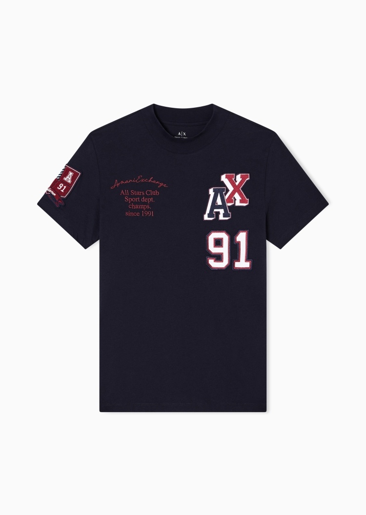ARMANI EXCHANGE 男士全棉合身短袖圆领正肩撞色刺绣T恤