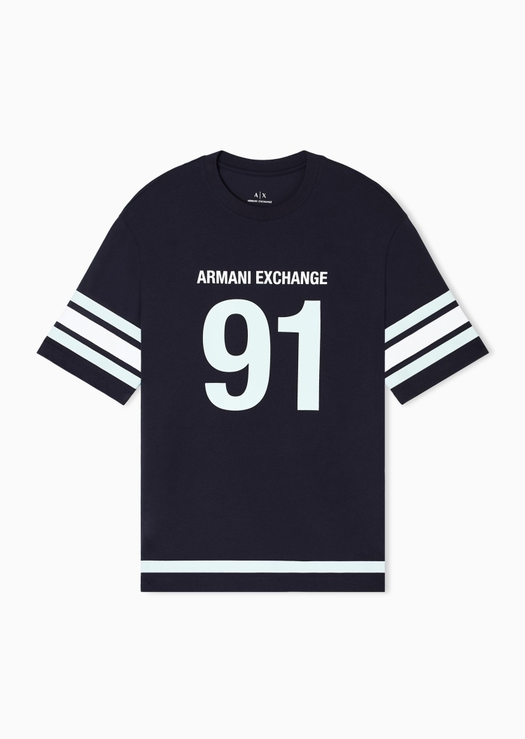 ARMANI EXCHANGE 男士全棉宽松短袖圆领落肩撞色印花T恤