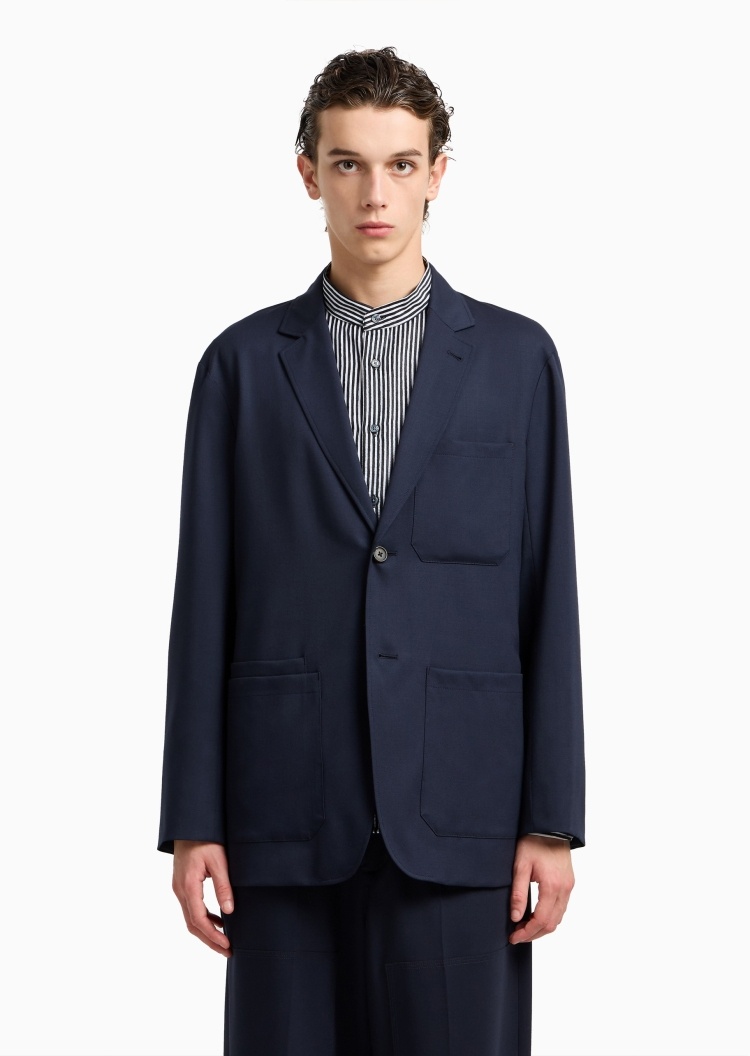 Emporio Armani 男士纯绵羊毛微弹平驳领单排扣西装外套