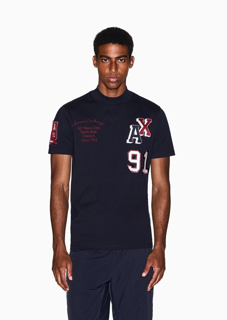 ARMANI EXCHANGE 男士全棉合身短袖圆领正肩撞色刺绣T恤