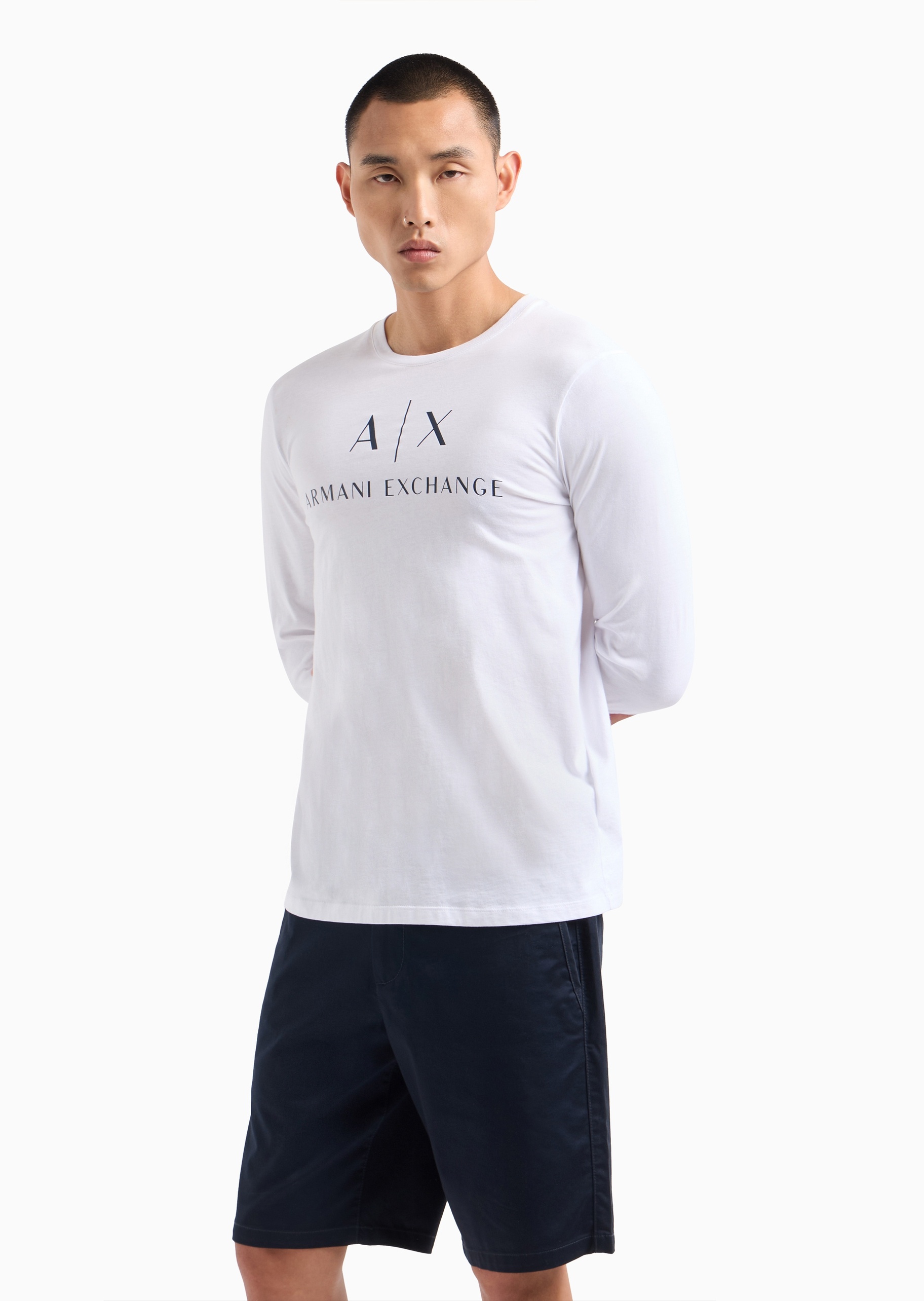 ARMANI EXCHANGE 男士全棉合身长袖圆领正肩LOGO印花T恤